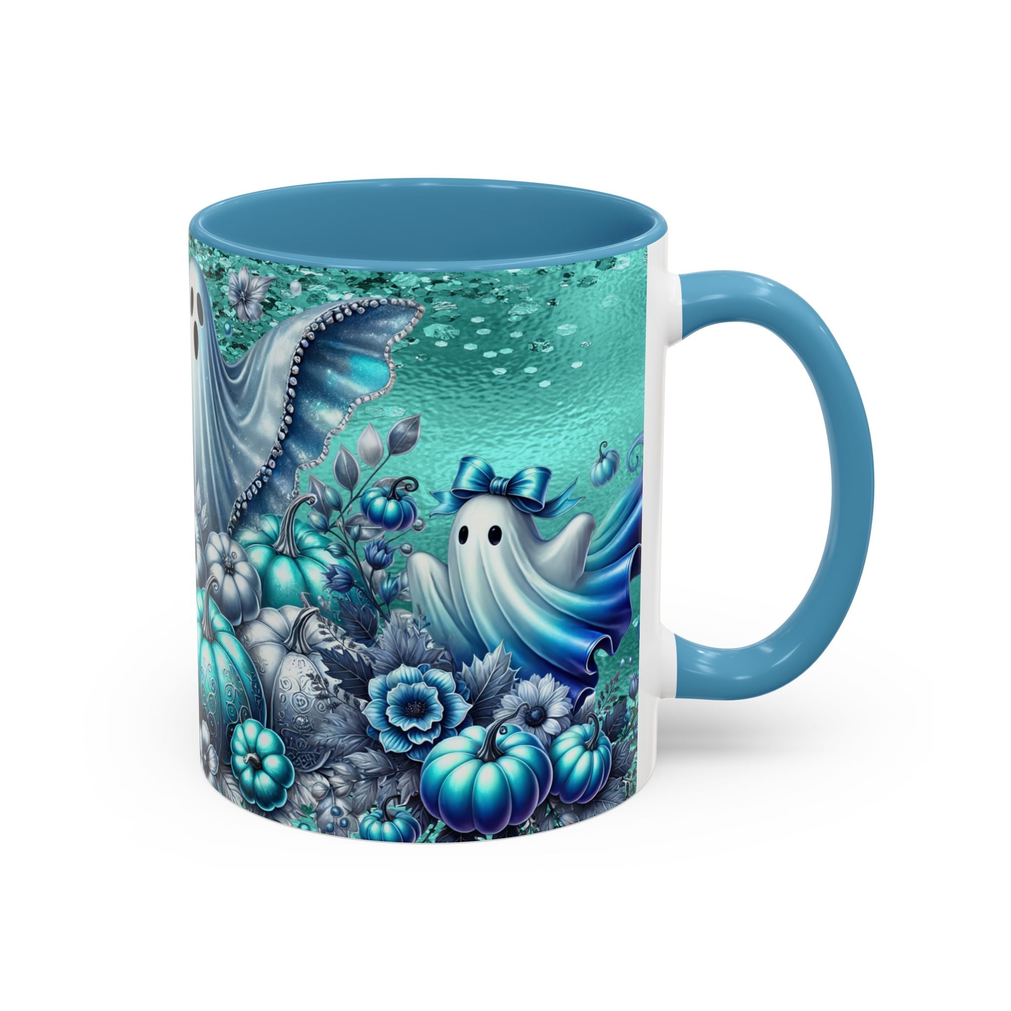 Teal Ghosts & Pumpkins Coffee Mug — Halloween Accent Mug (11/15 oz)