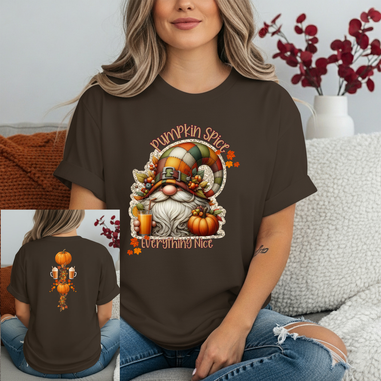 Pumpkin Spice Gnome T-Shirt with Front & Back Graphics TheCraftNook