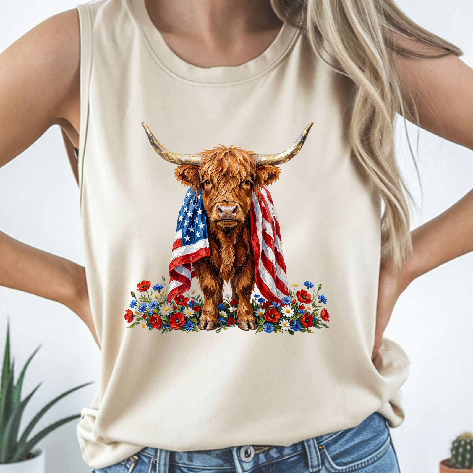 Patriotic Highland Cow Tank Top TheCraftNook