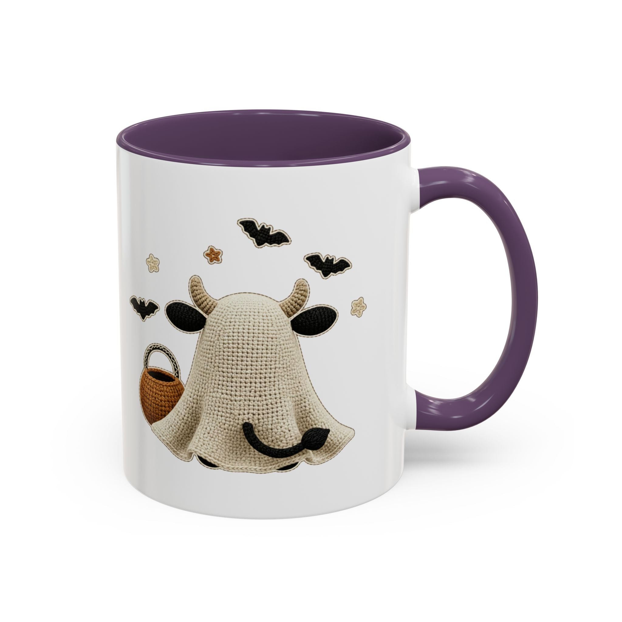 Bullsheet Faux Crochet Accent Coffee Mug — Cute Ghost Cow Trick-or-Treat Design (11oz)
