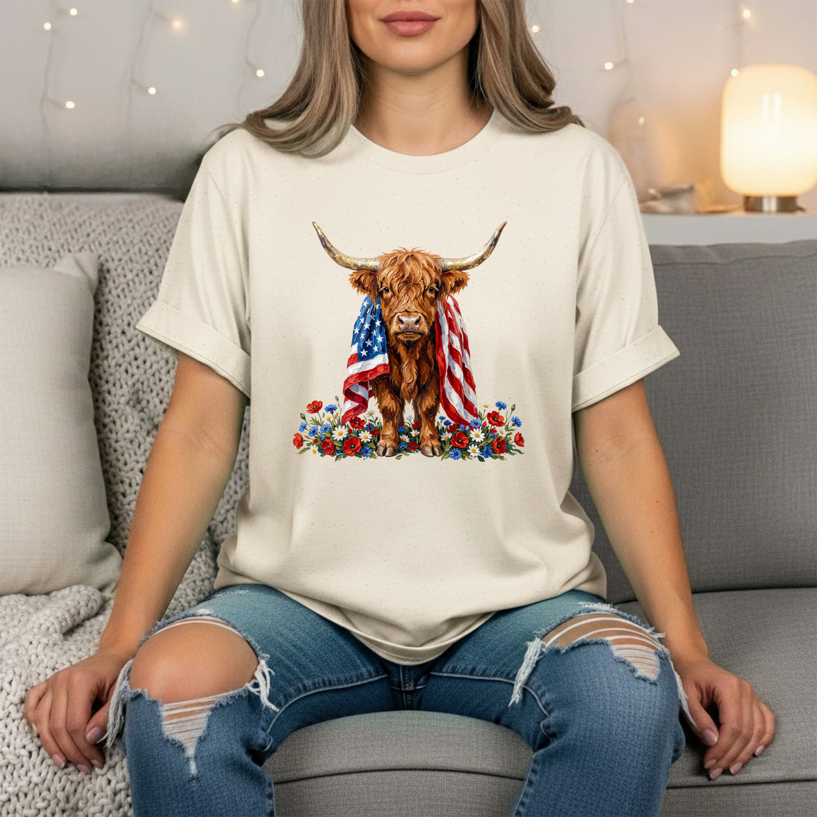 Patriotic Highland Cow T-Shirt TheCraftNook