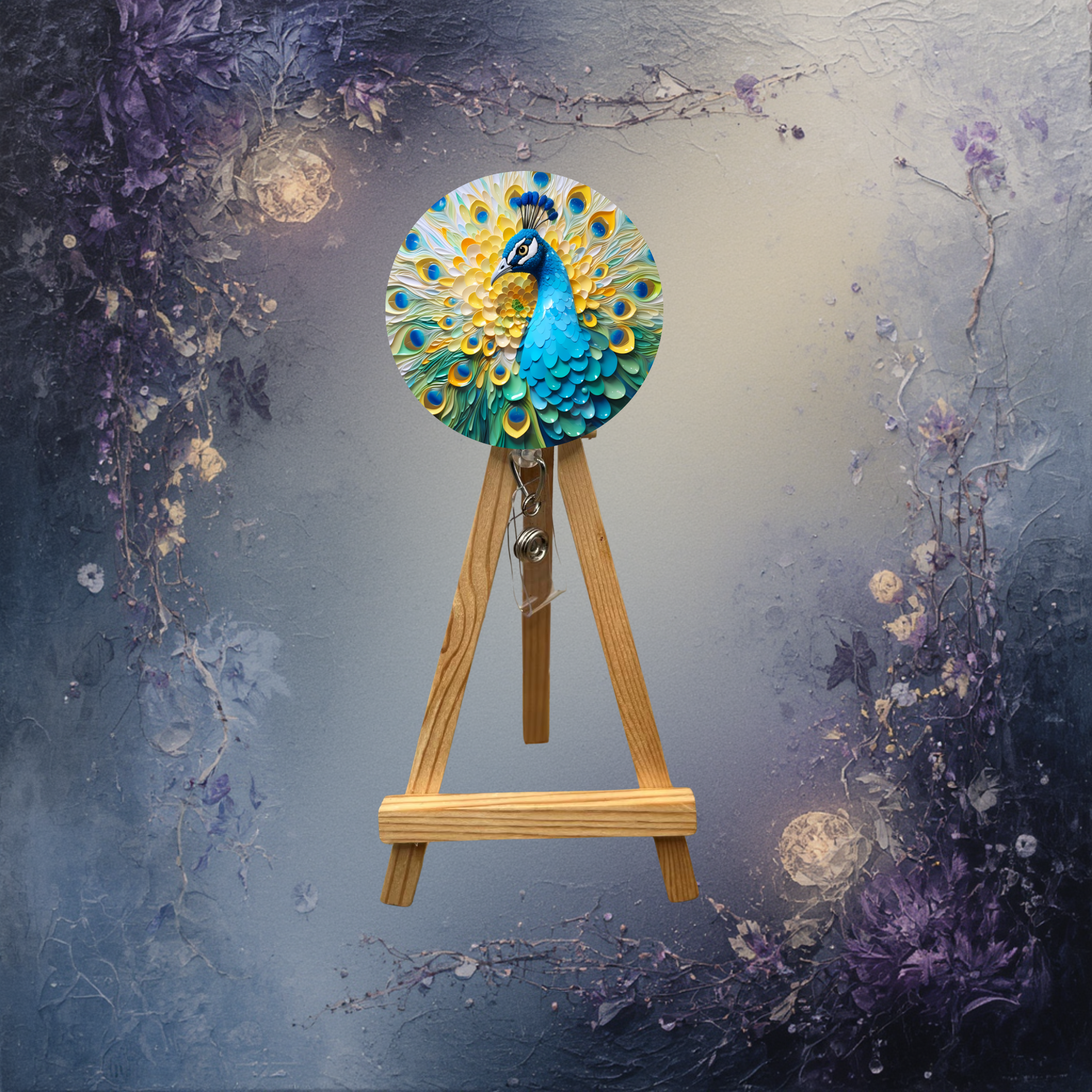 Beautiful peacock badge pulls with glitter displayed on an easel, showcasing bold colors and artistic design.
