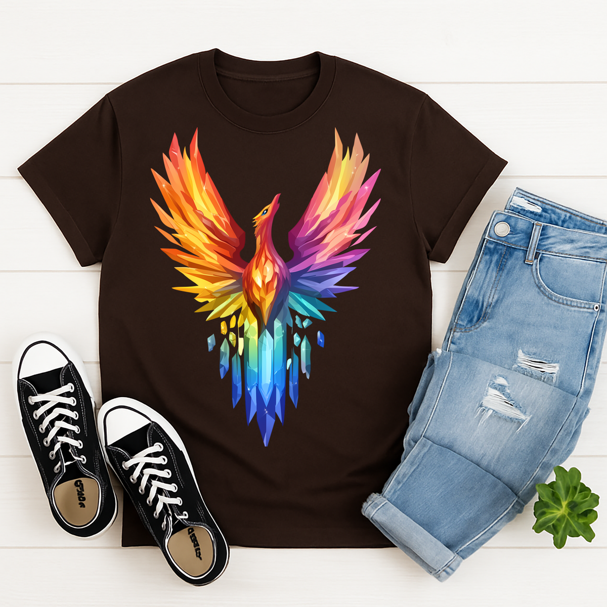 Rainbow Phoenix T-Shirt - Colorful Mythical Fire Bird Tee TheCraftNook