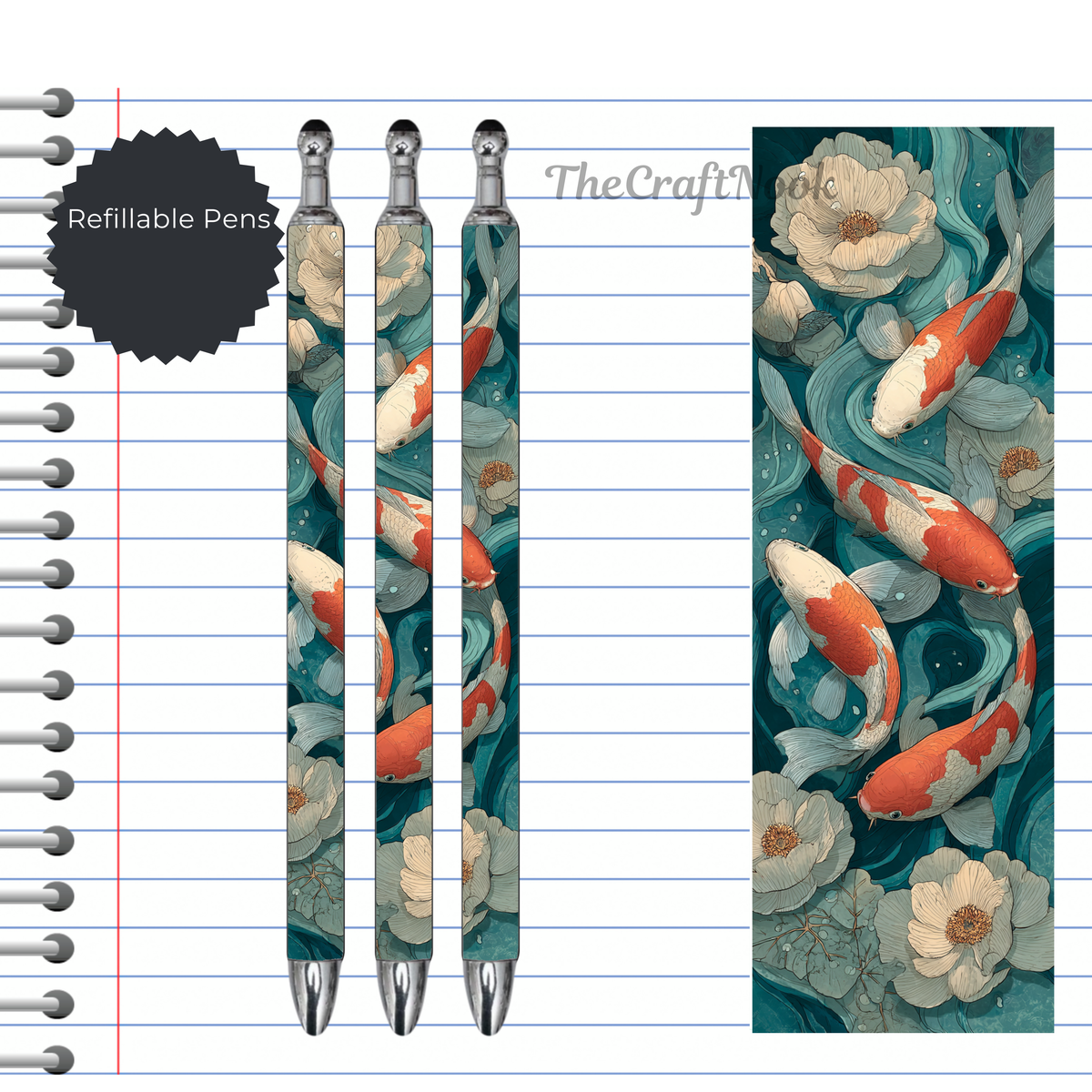 Koi Fish Refillable Pens, multiple options and Images available. TheCraftNook