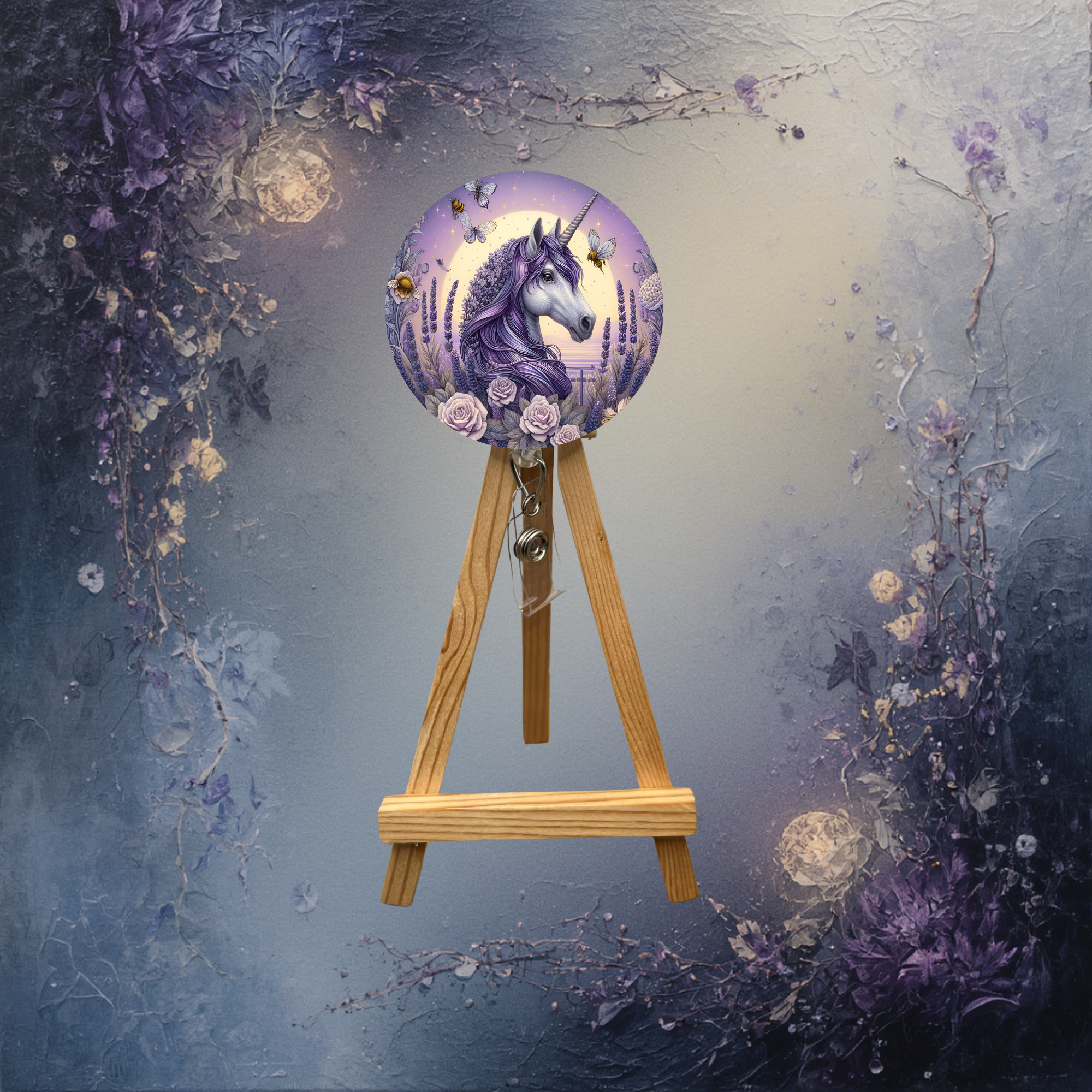 Unicorn badge pulls with glitter featuring a purple unicorn design on a 2-inch round badge pull.
