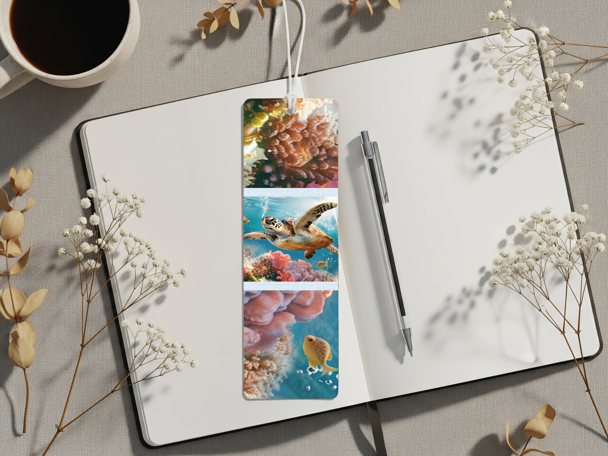 sea turtle aluminum bookmarks featuring ocean designs on a notebook with decorative flowers and a coffee cup.