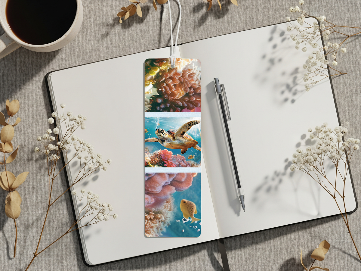 sea turtle aluminum bookmarks featuring ocean designs on a notebook with decorative flowers and a coffee cup.