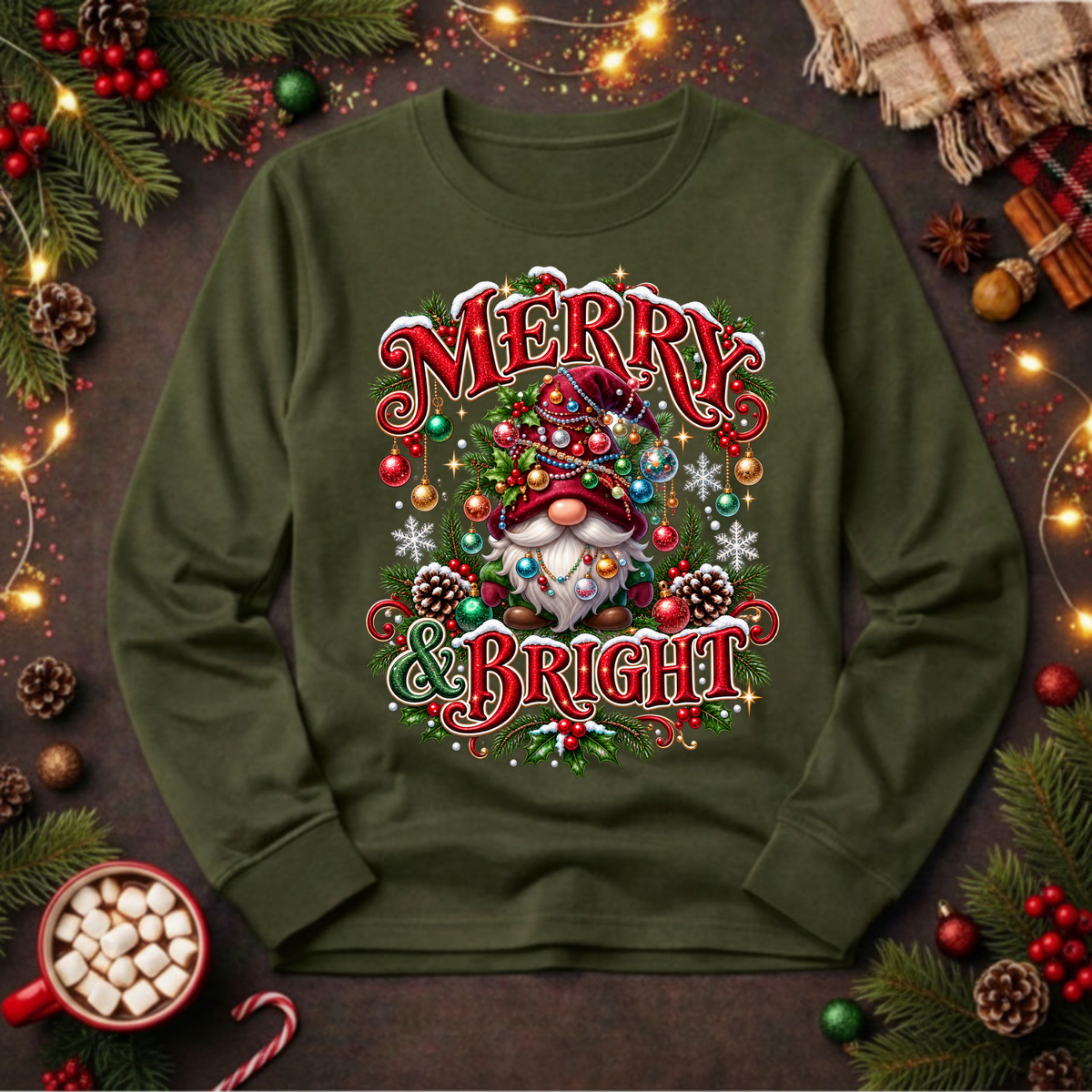 Merry And Bright Gnome Long Sleeve Tee TheCraftNook