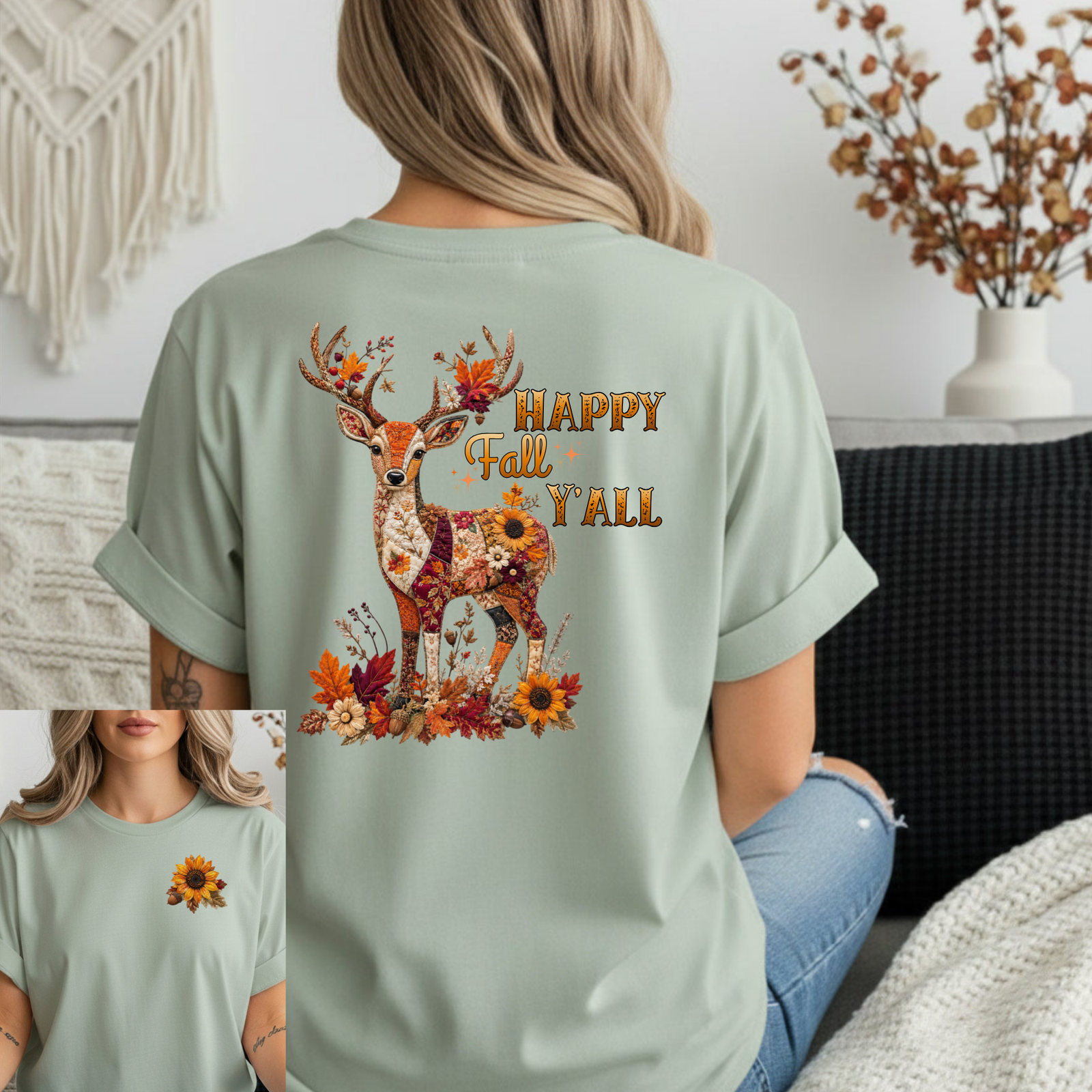Patchwork Woodland Deer T-Shirt Front and Back Design TheCraftNook