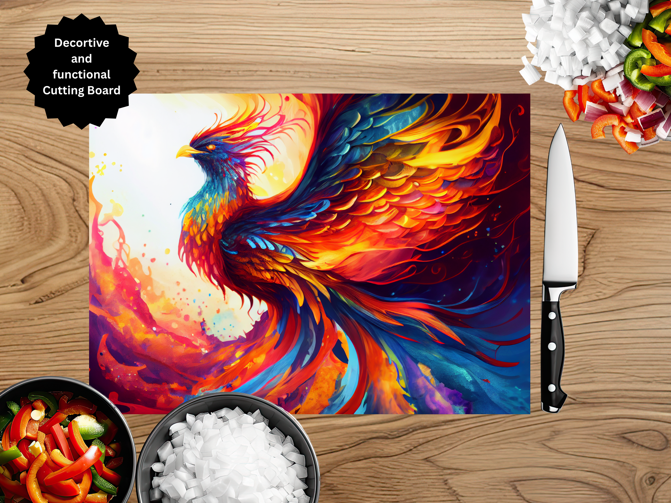 Colorful phoenix design cutting board on a wooden surface with a knife and ingredients.