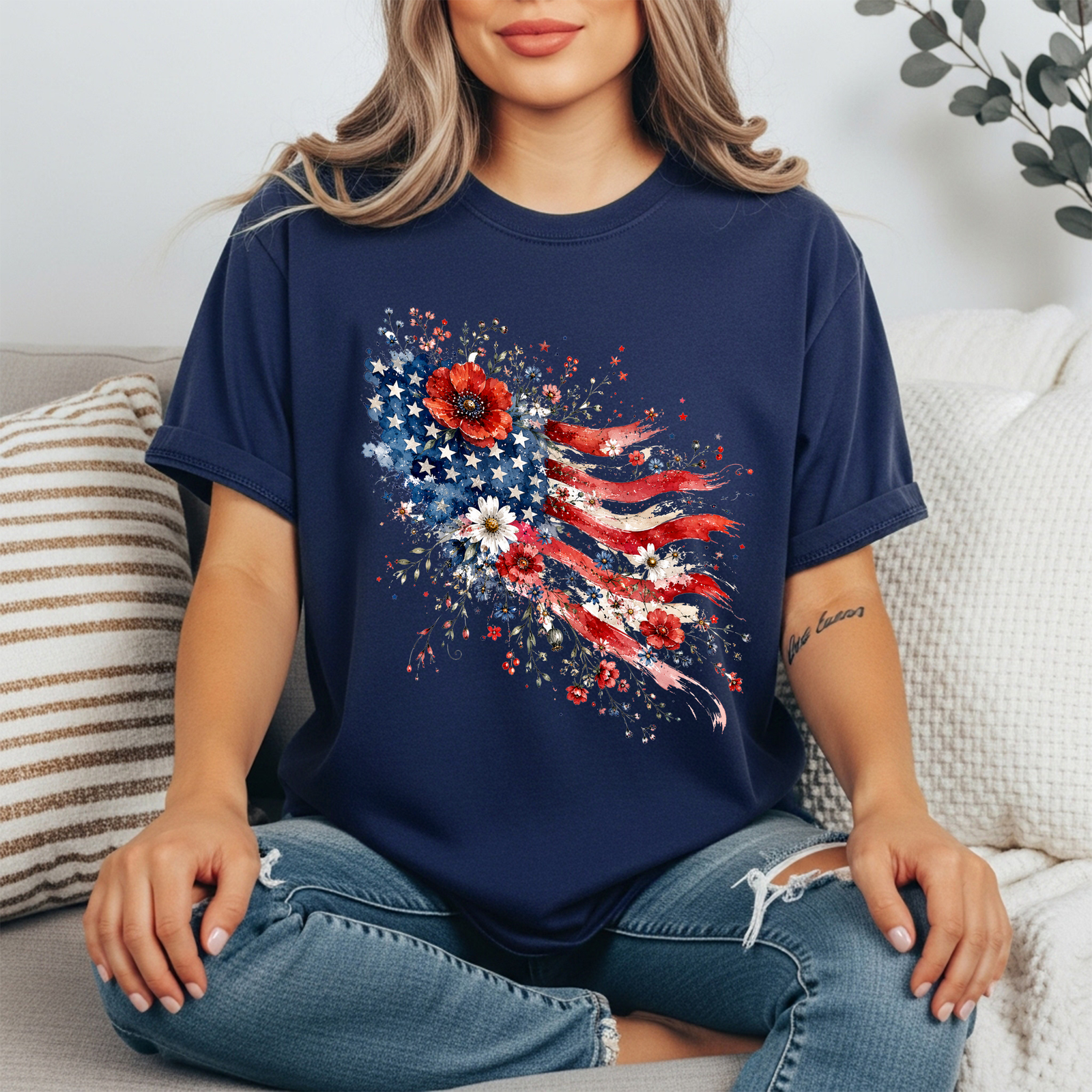 Floral American Flag Tee TheCraftNook