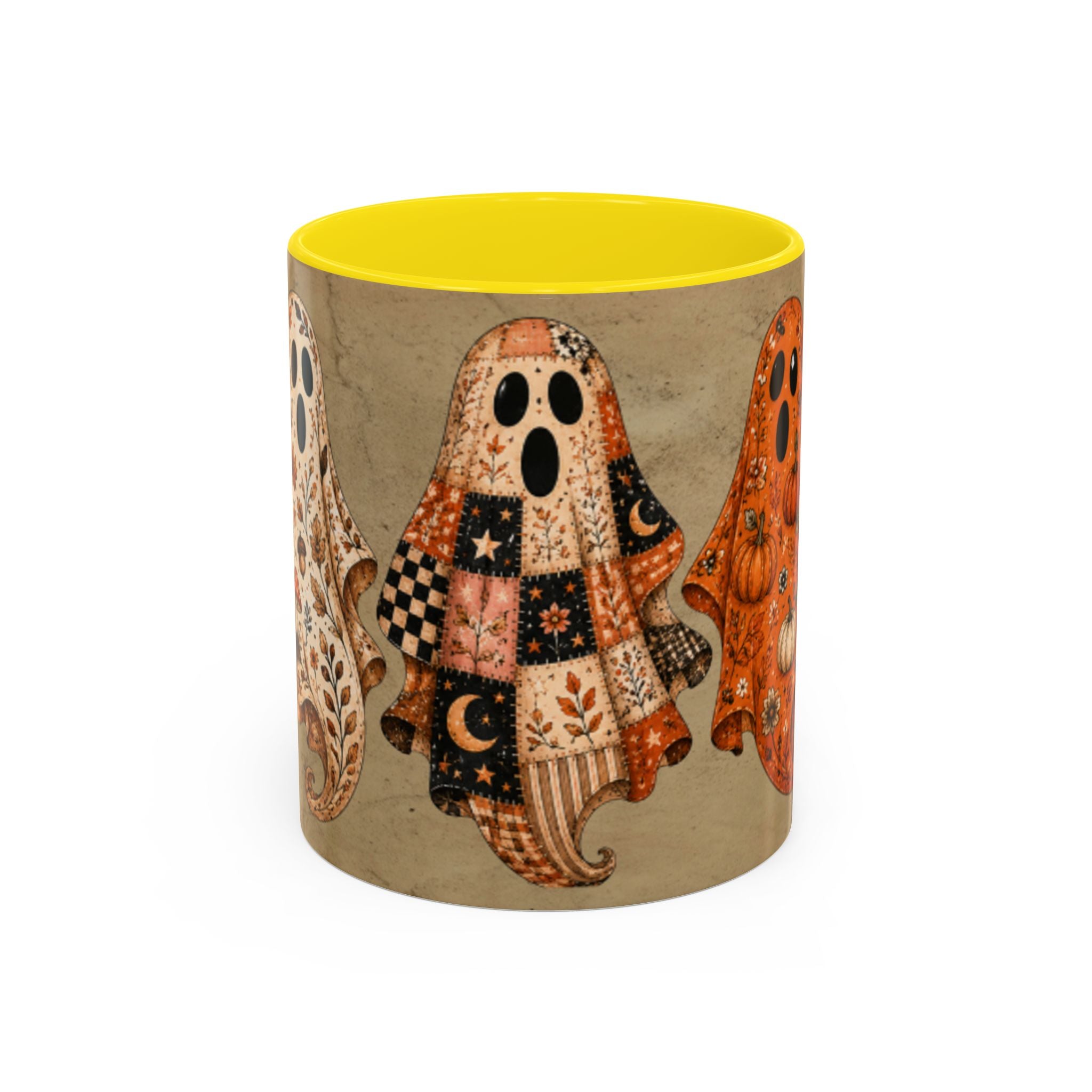 Preppy Ghost Halloween Patchwork Ghost Coffee Mug — Spooky Vintage Accent Ceramic Mug (11/15oz)