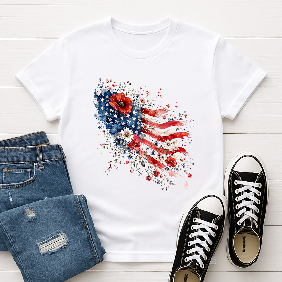 Floral American Flag Tee TheCraftNook