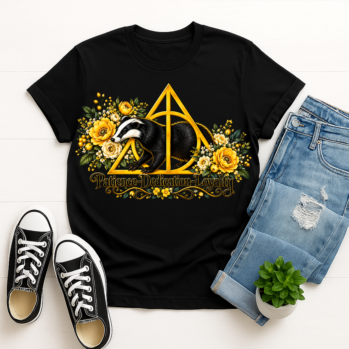Hufflepuff Badger & Deathly Hallows Floral T-Shirt TheCraftNook