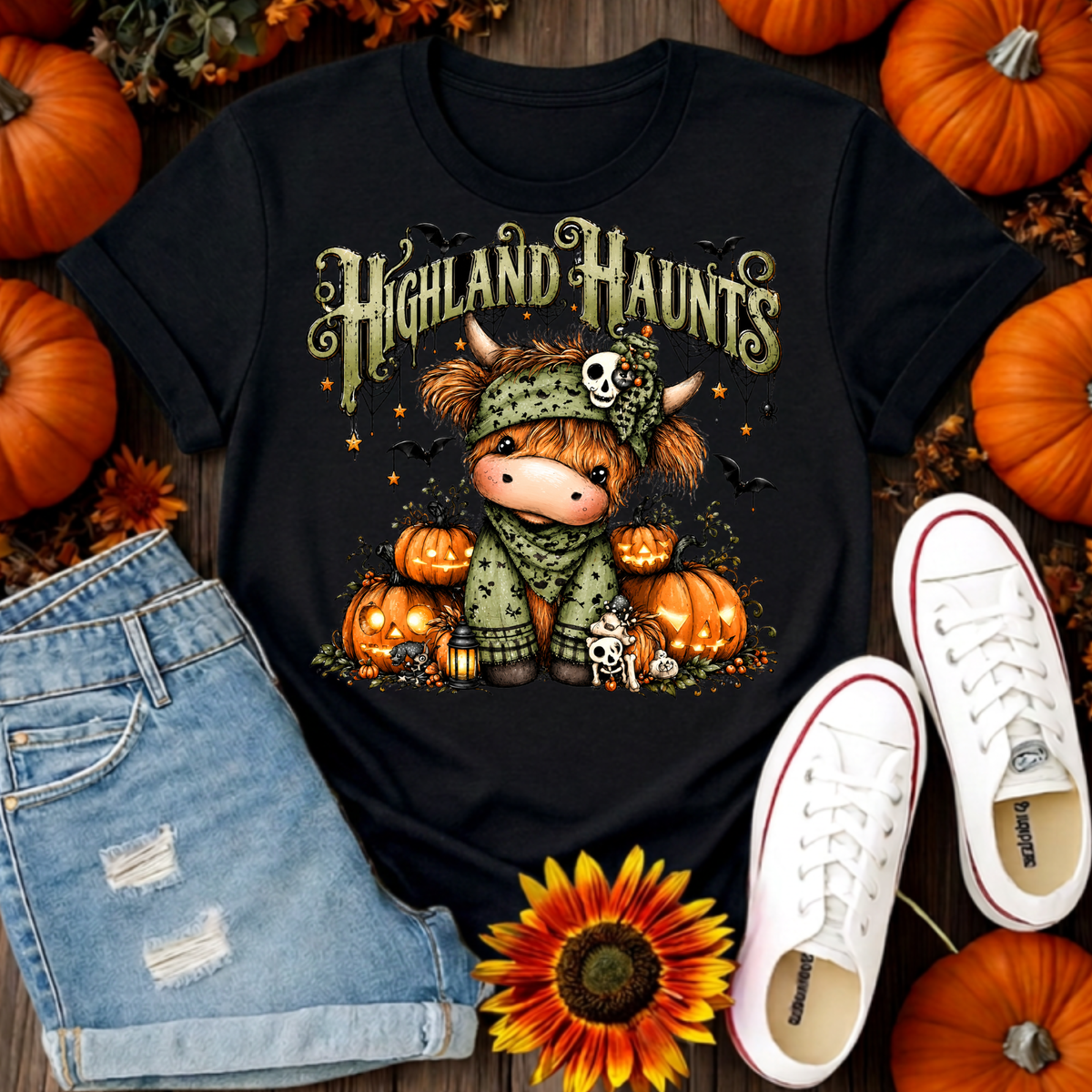 Highland Haunts T-Shirt | Dapper Highland Cow Halloween Graphic TheCraftNook