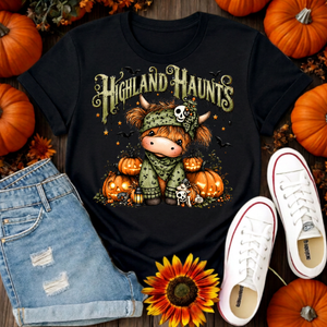 Highland Haunts T-Shirt | Dapper Highland Cow Halloween Graphic TheCraftNook