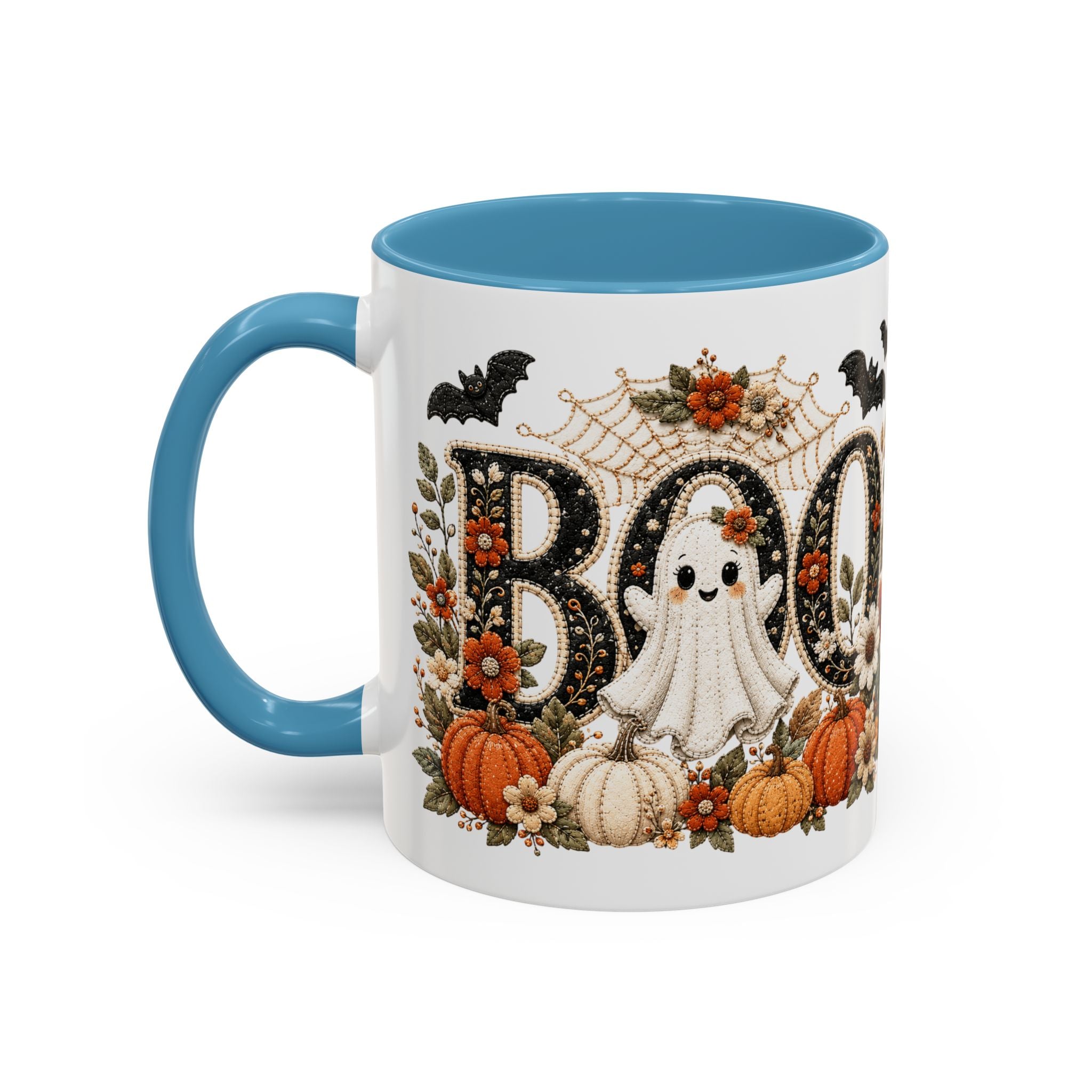 Cute Boo Coffee Mug — Cute Ghost, Pumpkins & Autumn Floral Accent Mug (11oz)