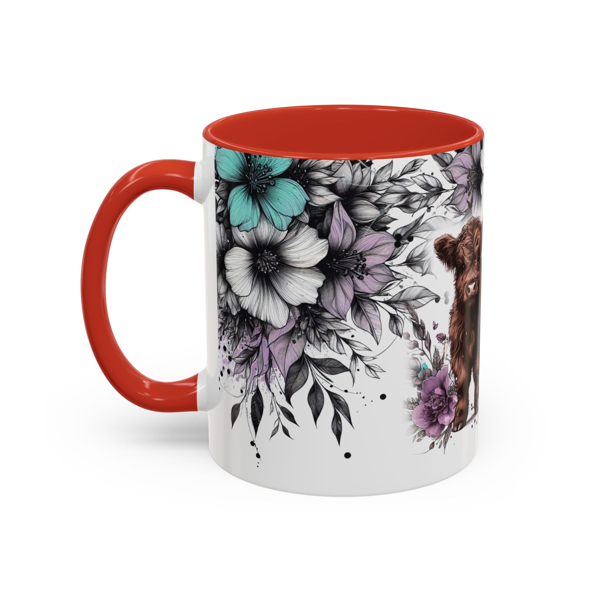 Highland Cow Floral Accent Coffee Mug — Cute Rustic Farmhouse Kitchen Gift
