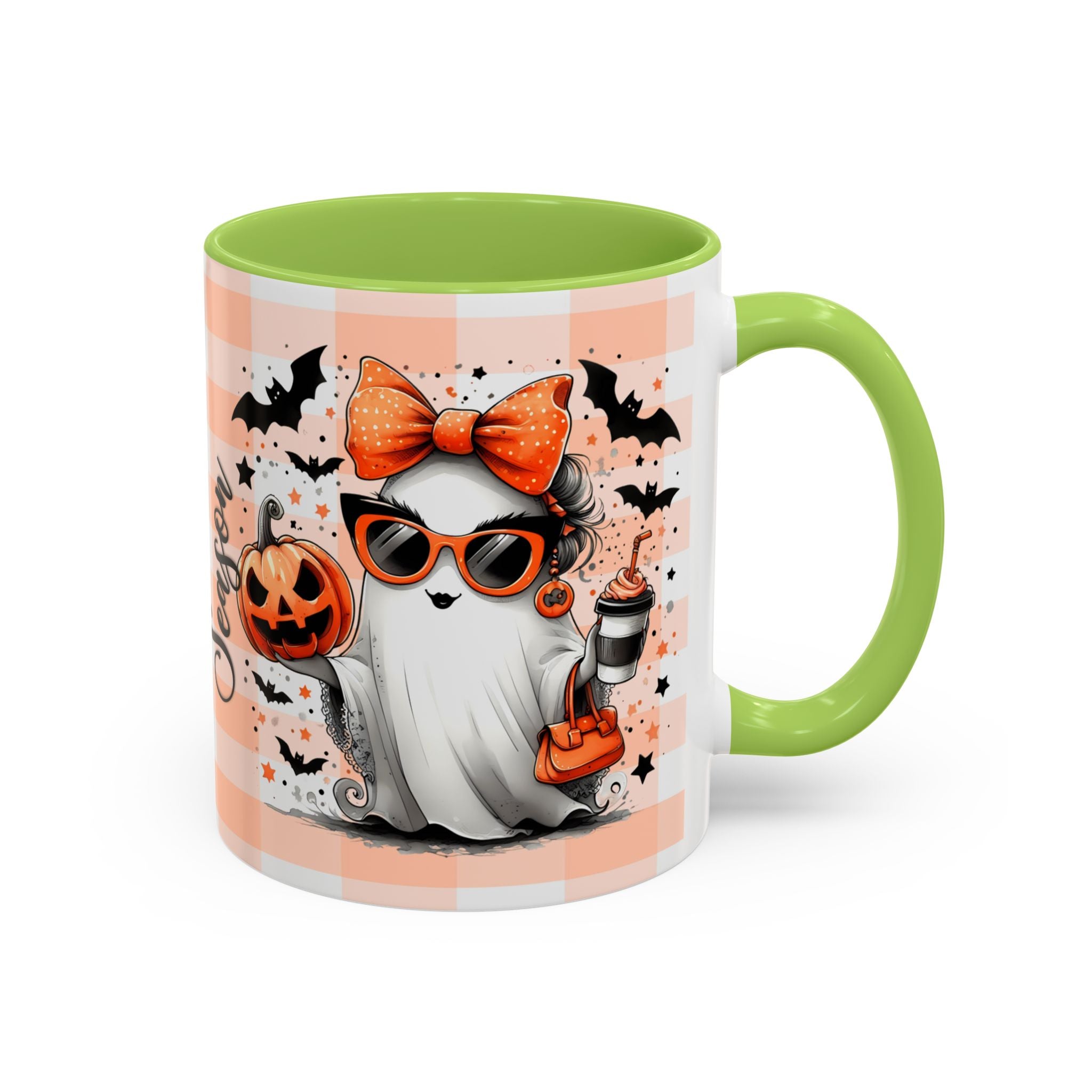 Spooky Season Accent Coffee Mug — Cute Halloween Ghost with Pumpkins (11/15oz)