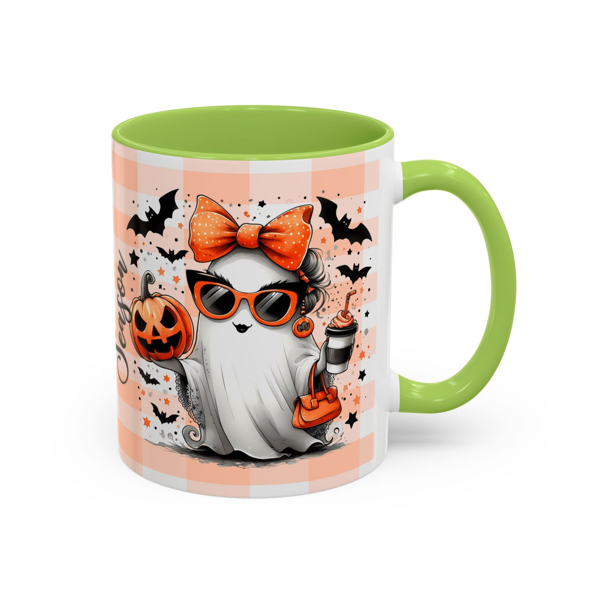 Spooky Season Accent Coffee Mug — Cute Halloween Ghost with Pumpkins (11/15oz) Printify
