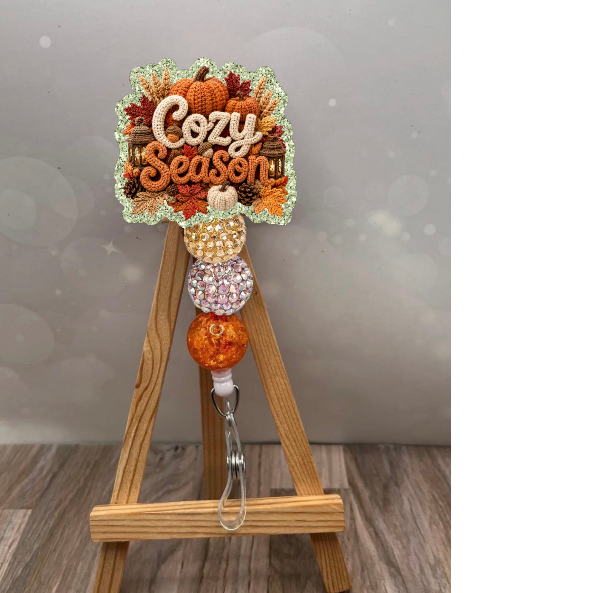 Cozy Season Badge Pull with glitter background and fall design, ideal for lanyards and badge holders.