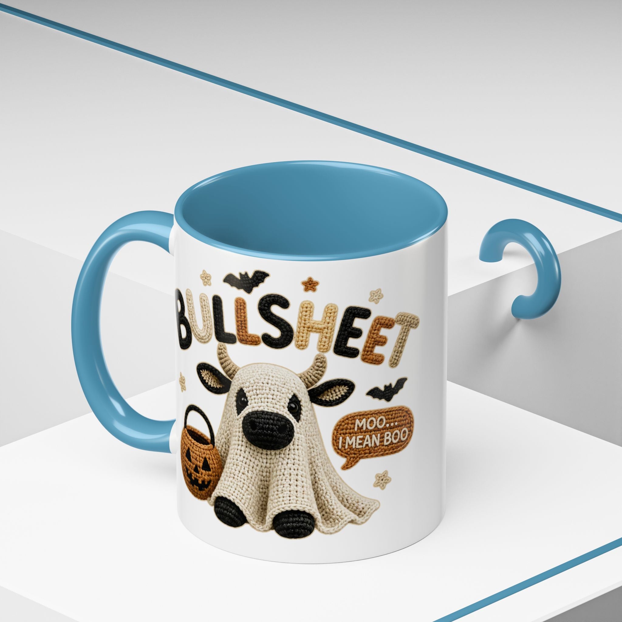 Bullsheet Faux Crochet Accent Coffee Mug — Cute Ghost Cow Trick-or-Treat Design (11oz)