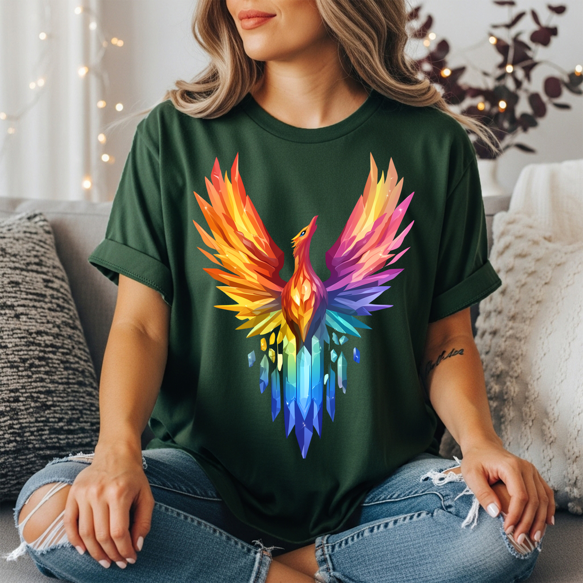 Rainbow Phoenix T-Shirt - Colorful Mythical Fire Bird Tee TheCraftNook