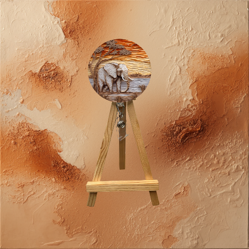 Elephant badge pulls with glitter displayed on a wooden easel, featuring a round 2-inch badge with elephant design.