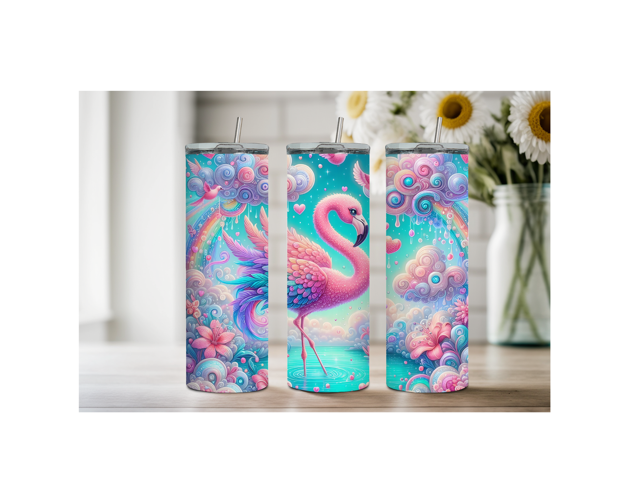 20 oz pink flamingo stainless steel tumbler featuring vibrant artwork and cheerful tropical design.