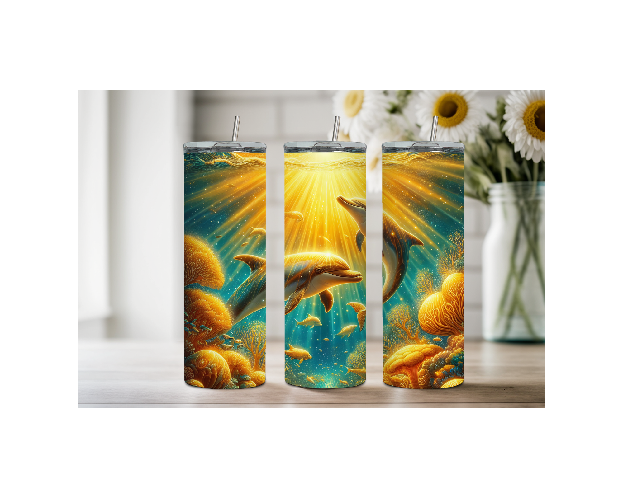 Dolphin stainless steel tumbler trio with vibrant ocean-themed artwork showcasing playful dolphins and sea life.