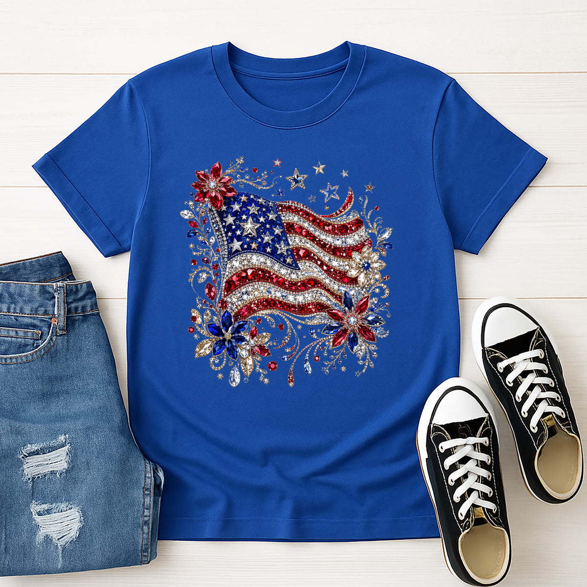 Faux Rhinestone American Flag Graphic Tee | Patriotic Shirt TheCraftNook