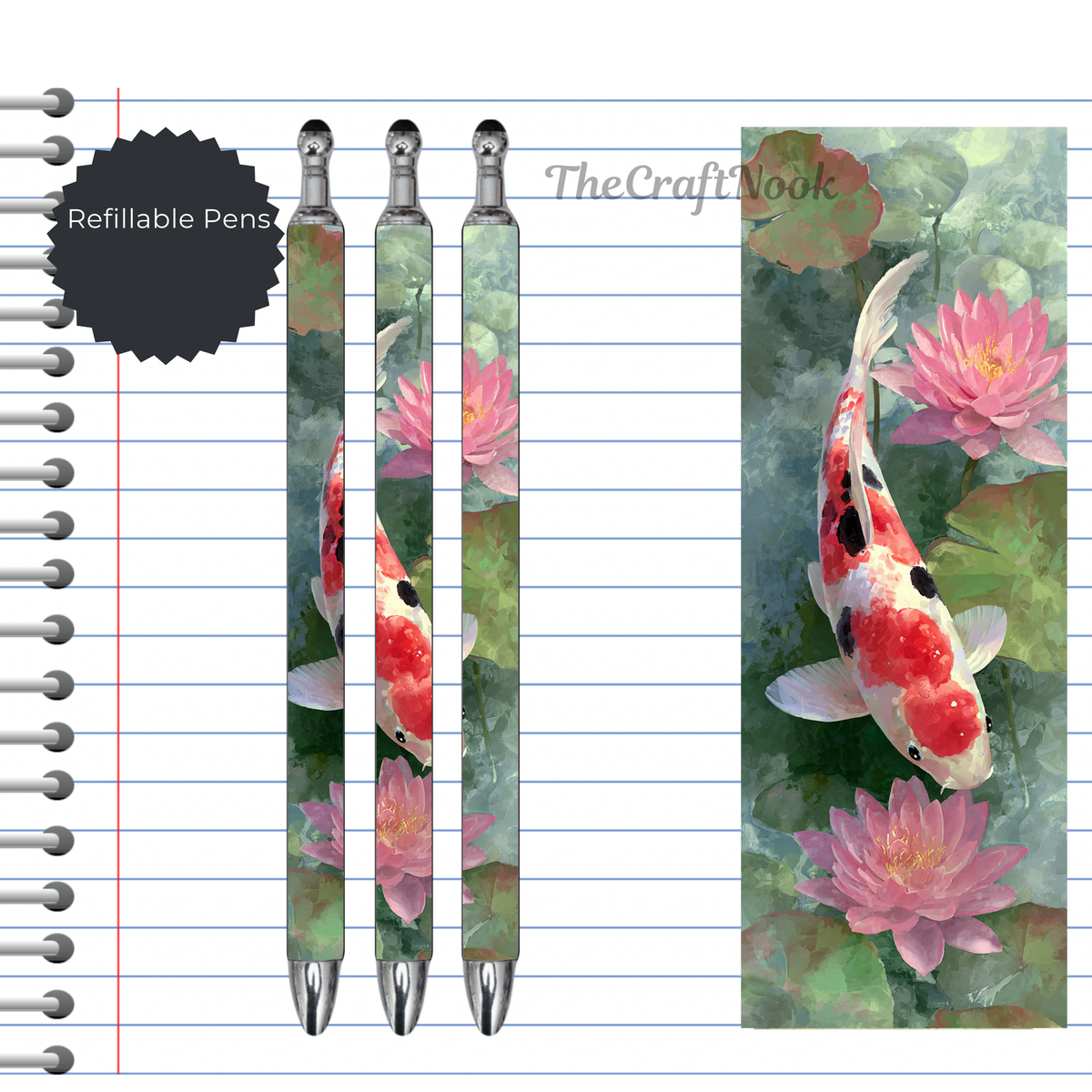 Koi Fish Refillable Pens, multiple options and Images available. TheCraftNook