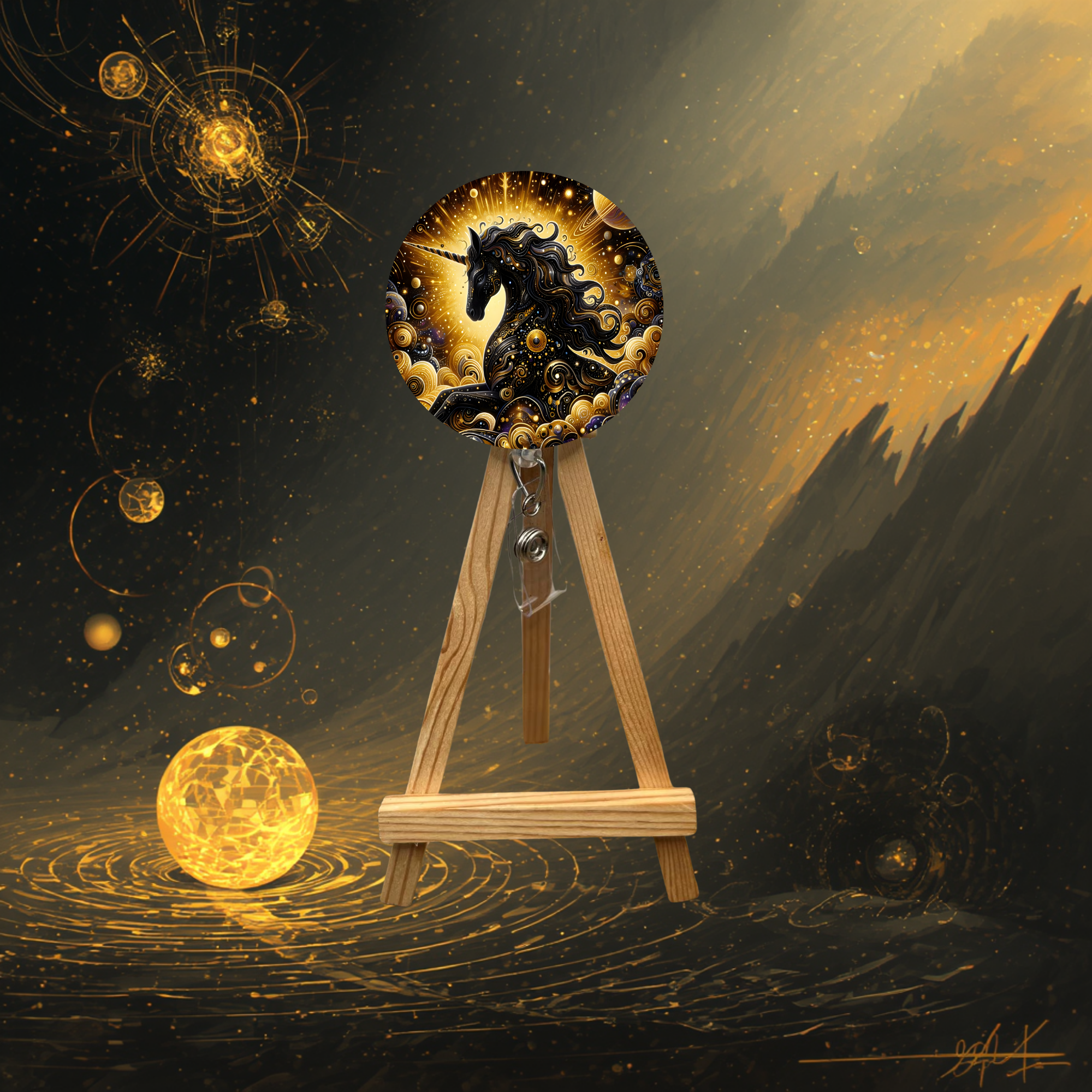 Unicorn badge pulls with glitter displayed on a wooden easel, showcasing intricate black and gold unicorn design.