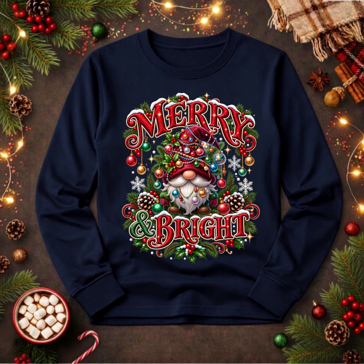 Merry And Bright Gnome Long Sleeve Tee TheCraftNook