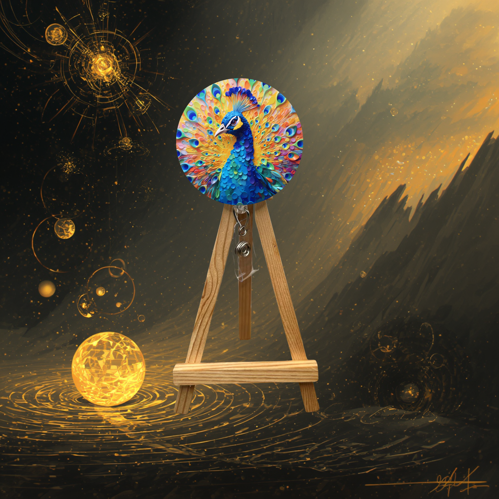 Peacock badge pulls with glitter displayed on easel, vibrant colors and artistic design, perfect for a bold statement.