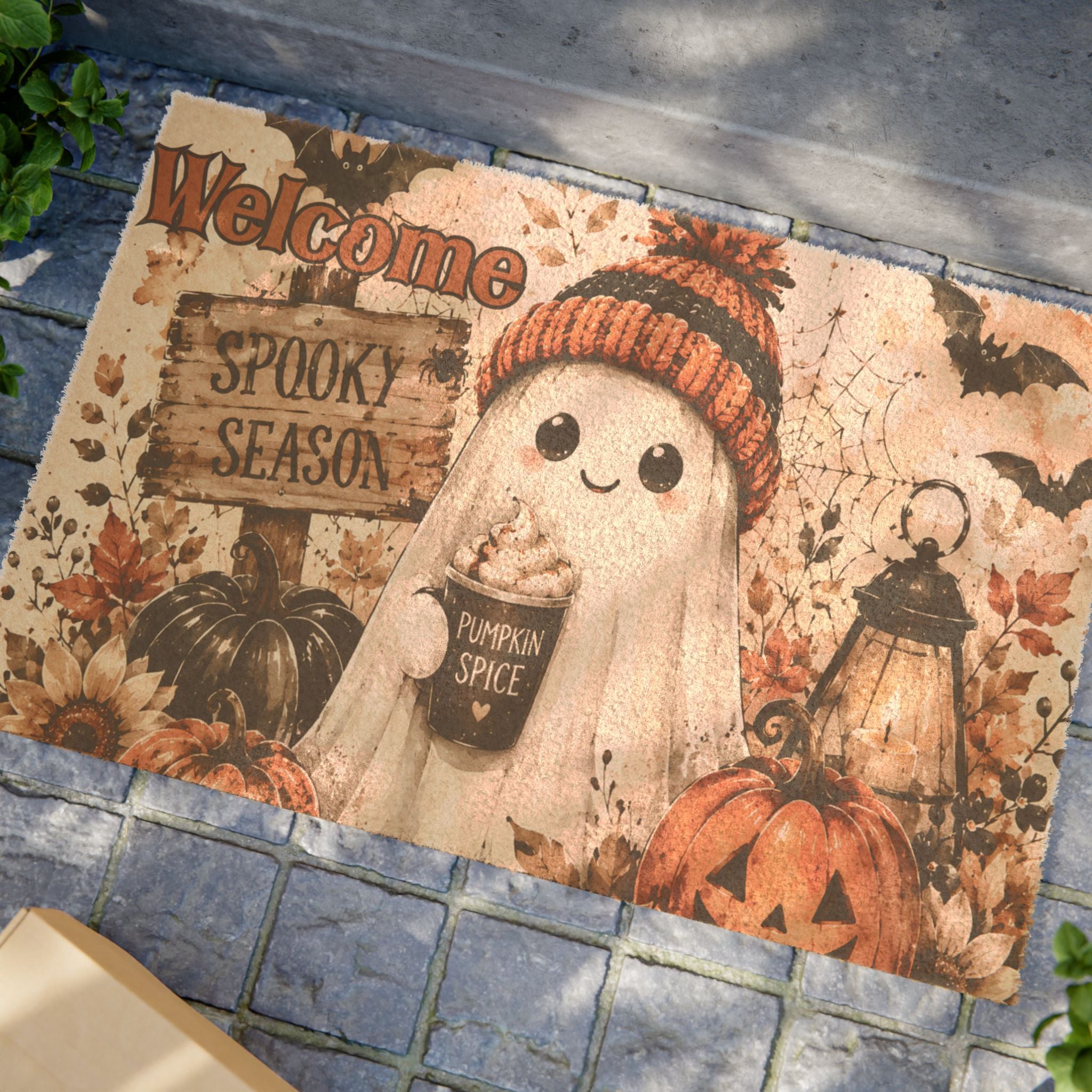 Welcome Spooky Season Halloween Doormat — Cute Ghost Pumpkin Fall Welcome Mat