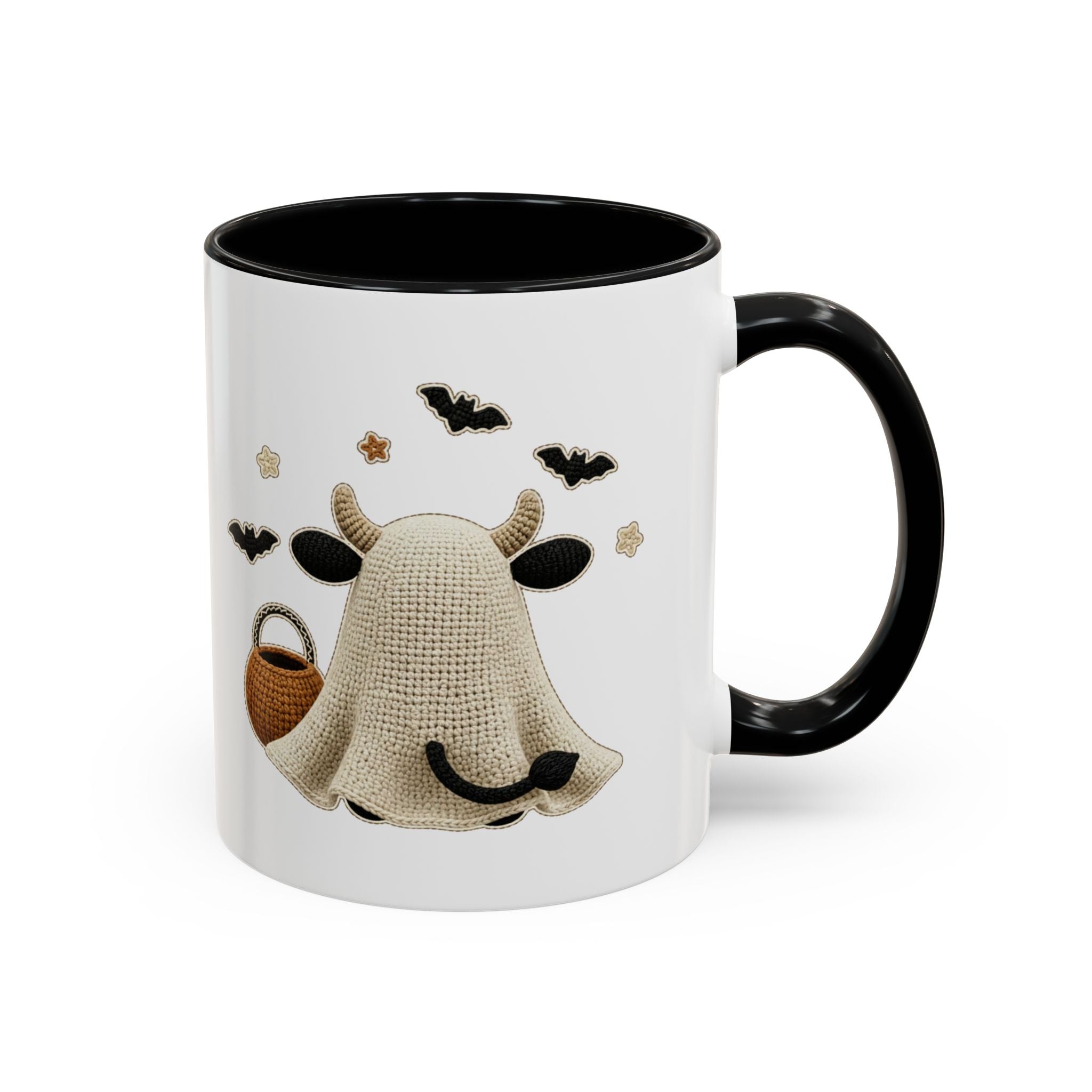 Bullsheet Faux Crochet Accent Coffee Mug — Cute Ghost Cow Trick-or-Treat Design (11oz)