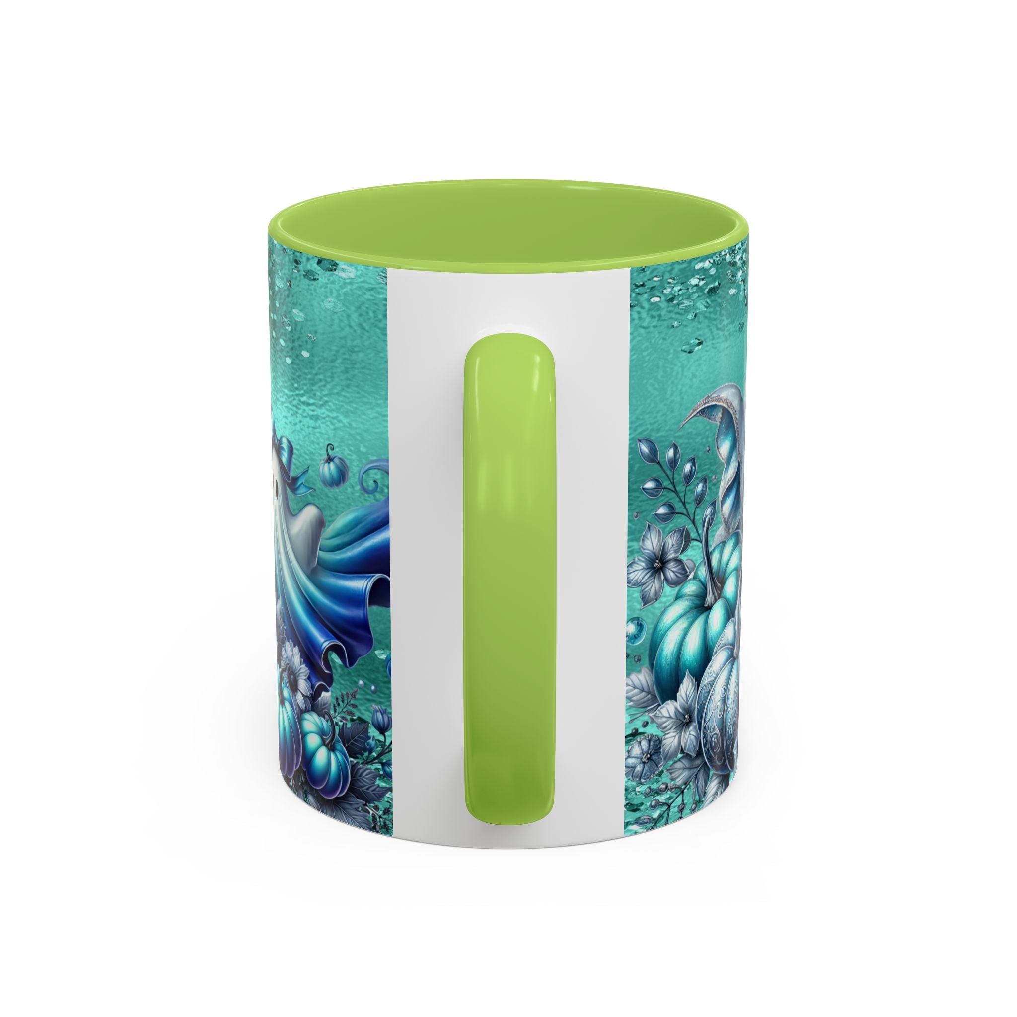 Teal Ghosts & Pumpkins Coffee Mug — Halloween Accent Mug (11/15 oz)