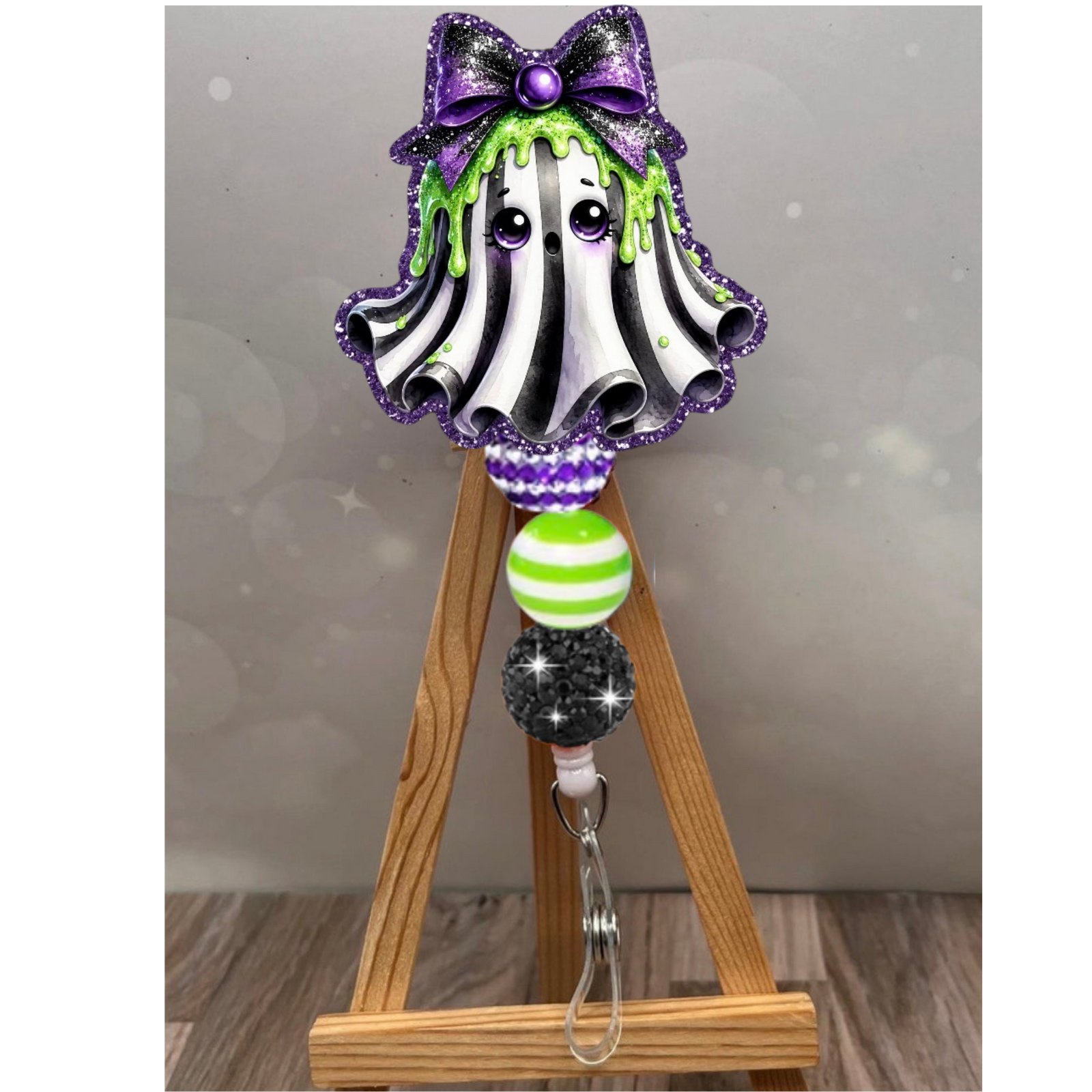 Cute Ghost Badge Pull – Glitter ID Holder with Optional Beads TheCraftNook