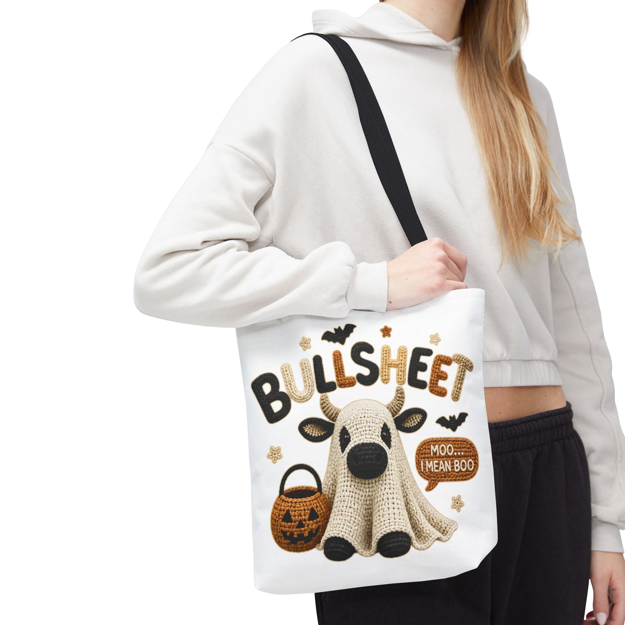 Bullsheet Halloween Faux Crochet Tote Bag — Cute Cow Ghost Trick-or-Treat Bag
