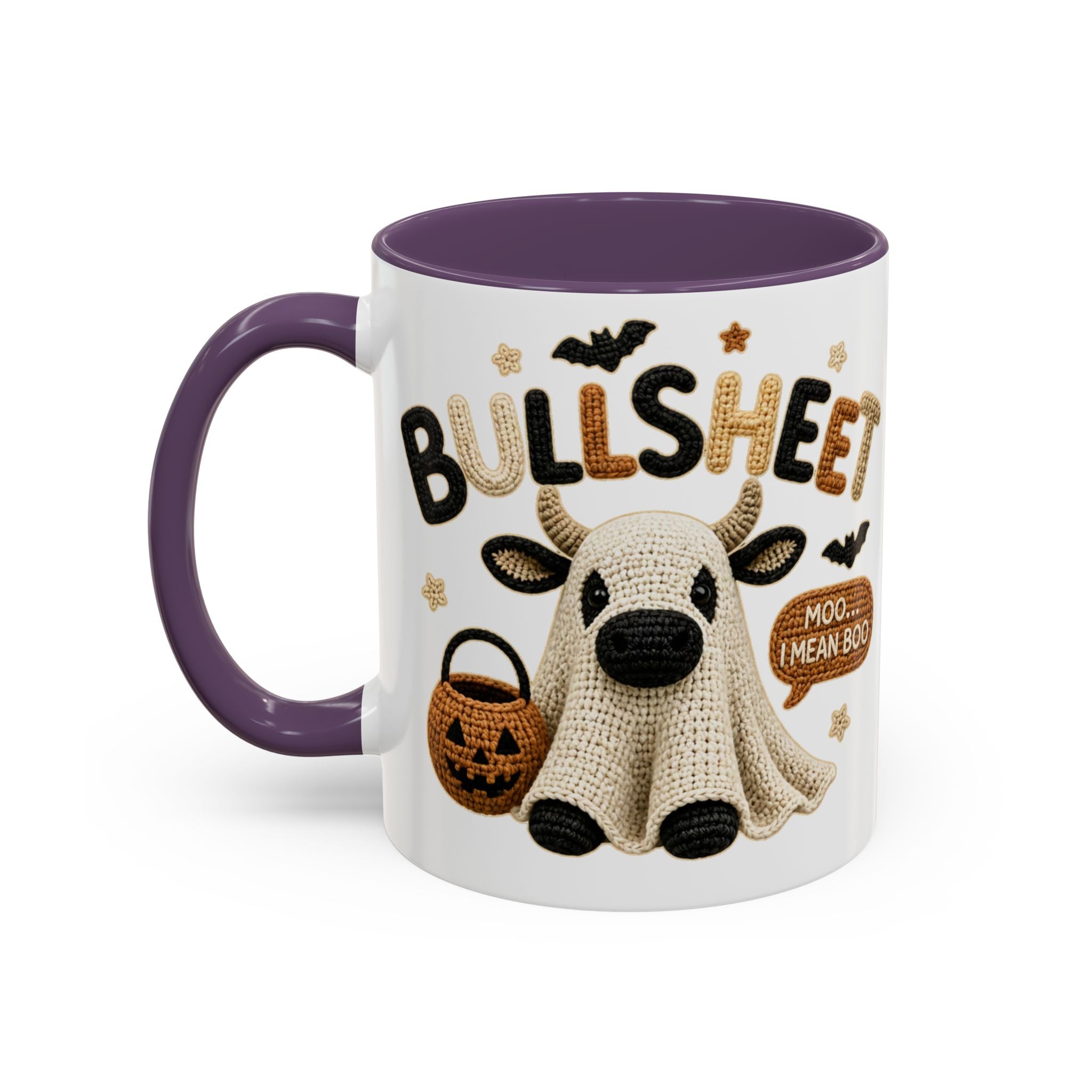 Bullsheet Faux Crochet Accent Coffee Mug — Cute Ghost Cow Trick-or-Treat Design (11oz)