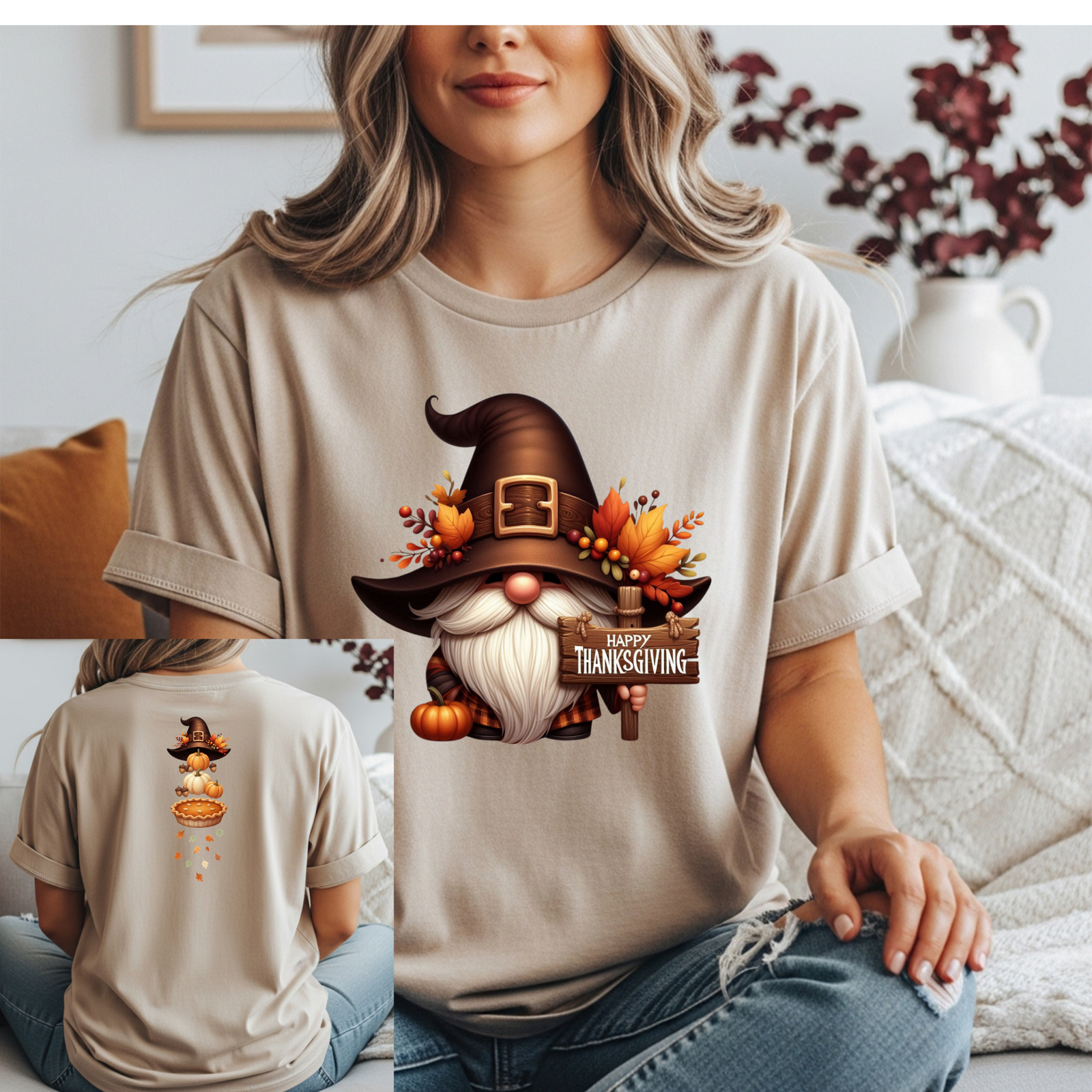 Thanksgiving Gnome T -Shirt– Front & Back Holiday Graphic T-Shirt TheCraftNook