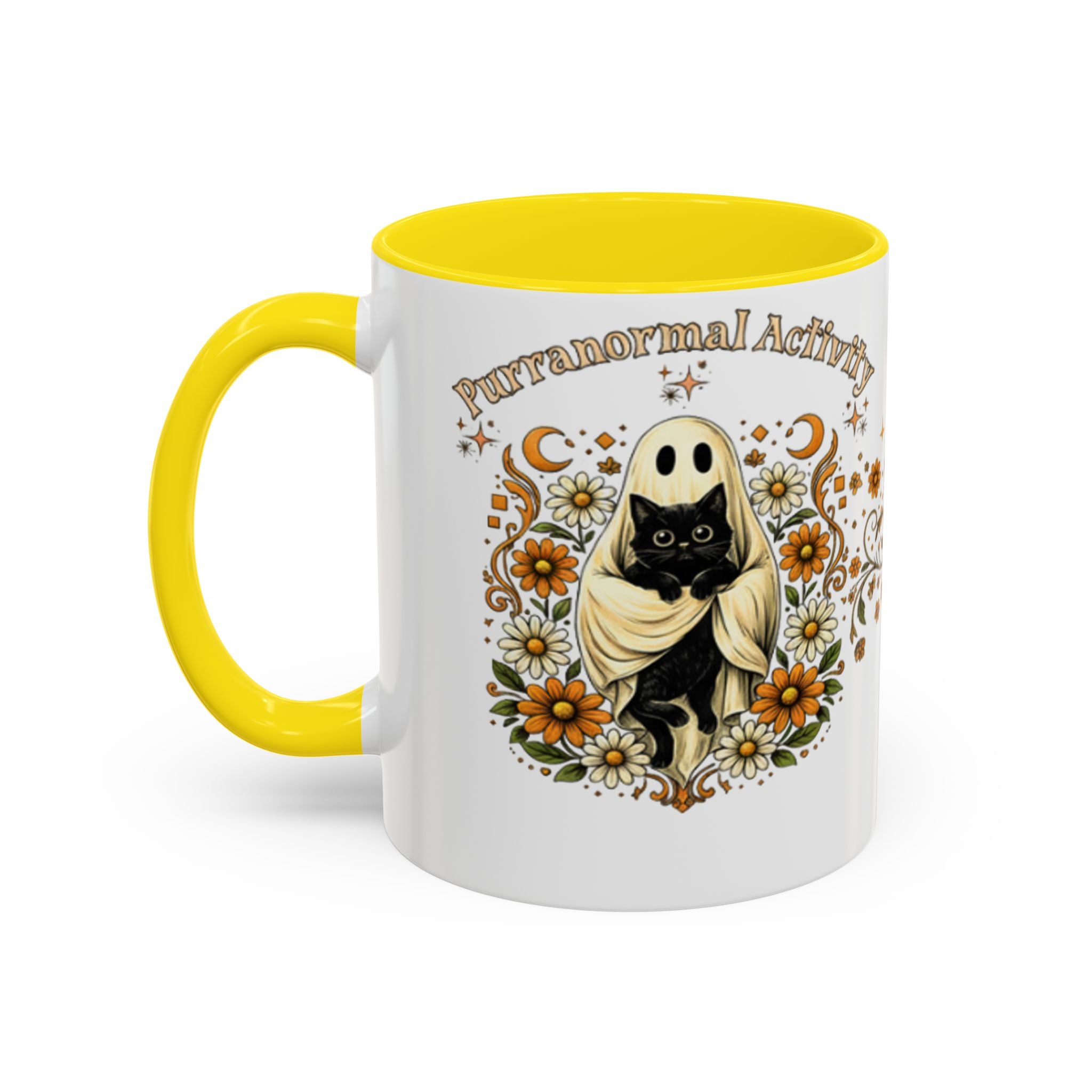 Purranormal Activity Accent Coffee Mug — Black Cat Crescent Moon Floral 11/15oz