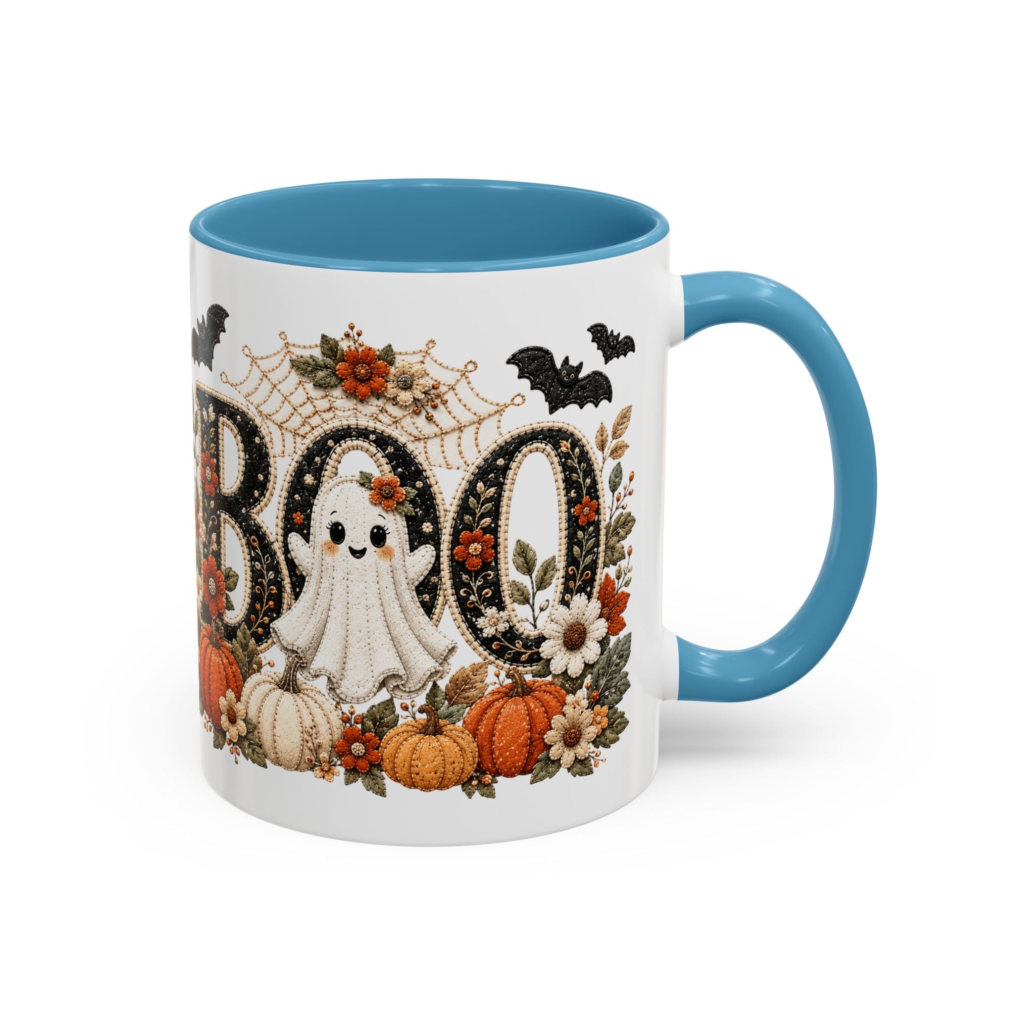 Cute Boo Coffee Mug — Cute Ghost, Pumpkins & Autumn Floral Accent Mug (11oz)