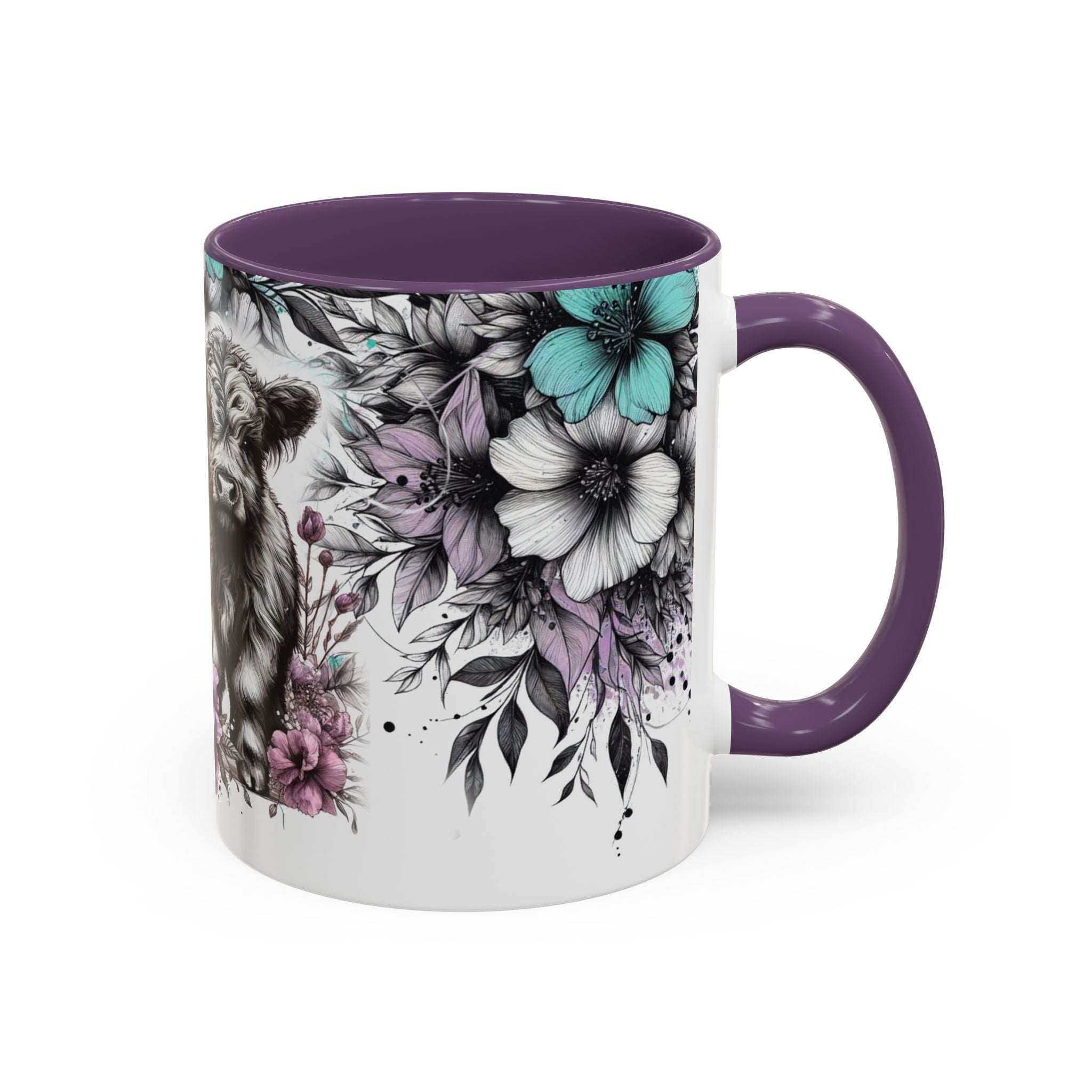 Highland Cow Floral Accent Coffee Mug — Cute Rustic Farmhouse Kitchen Gift