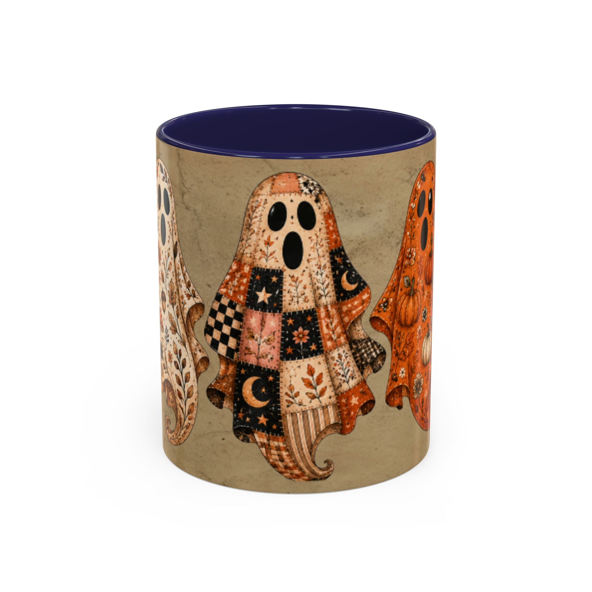 Preppy Ghost Halloween Patchwork Ghost Coffee Mug — Spooky Vintage Accent Ceramic Mug (11/15oz)