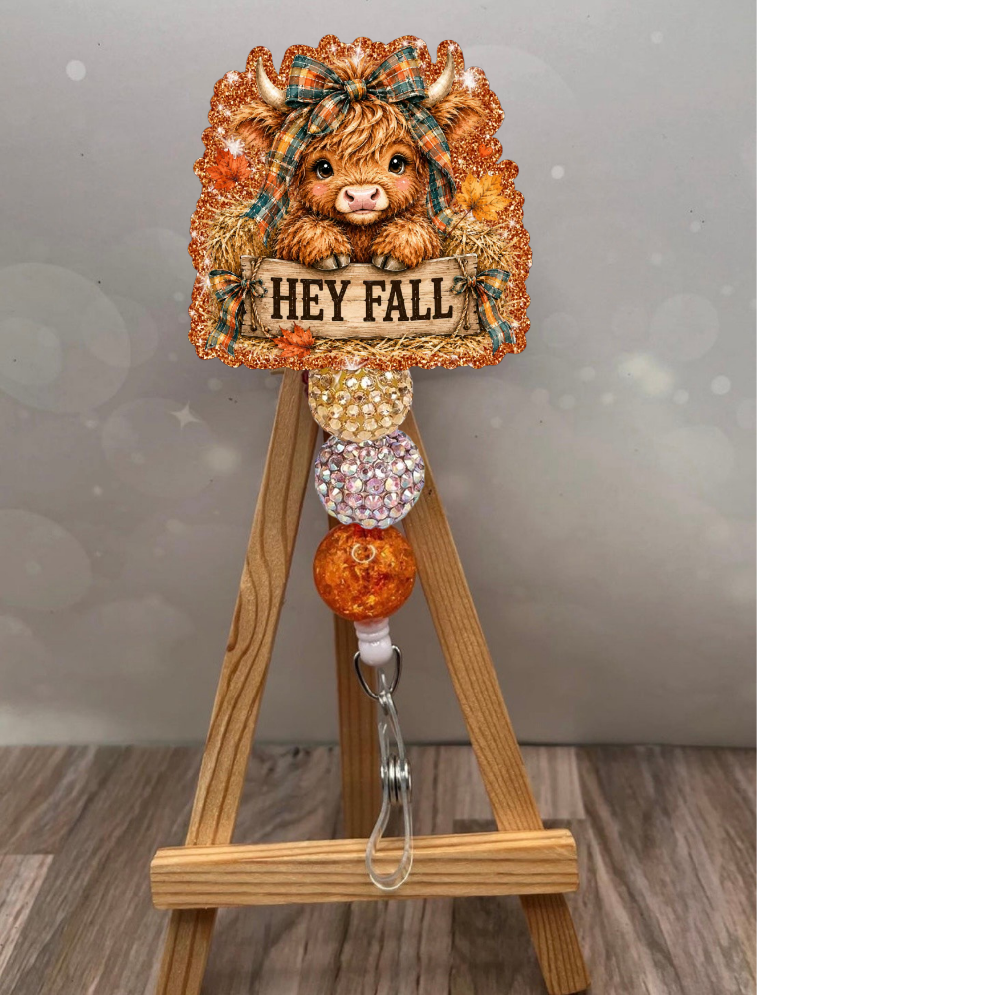 Hey Fall badge pull with glitter background in orange, featuring cute animal design, perfect fall badge reel with glitter.