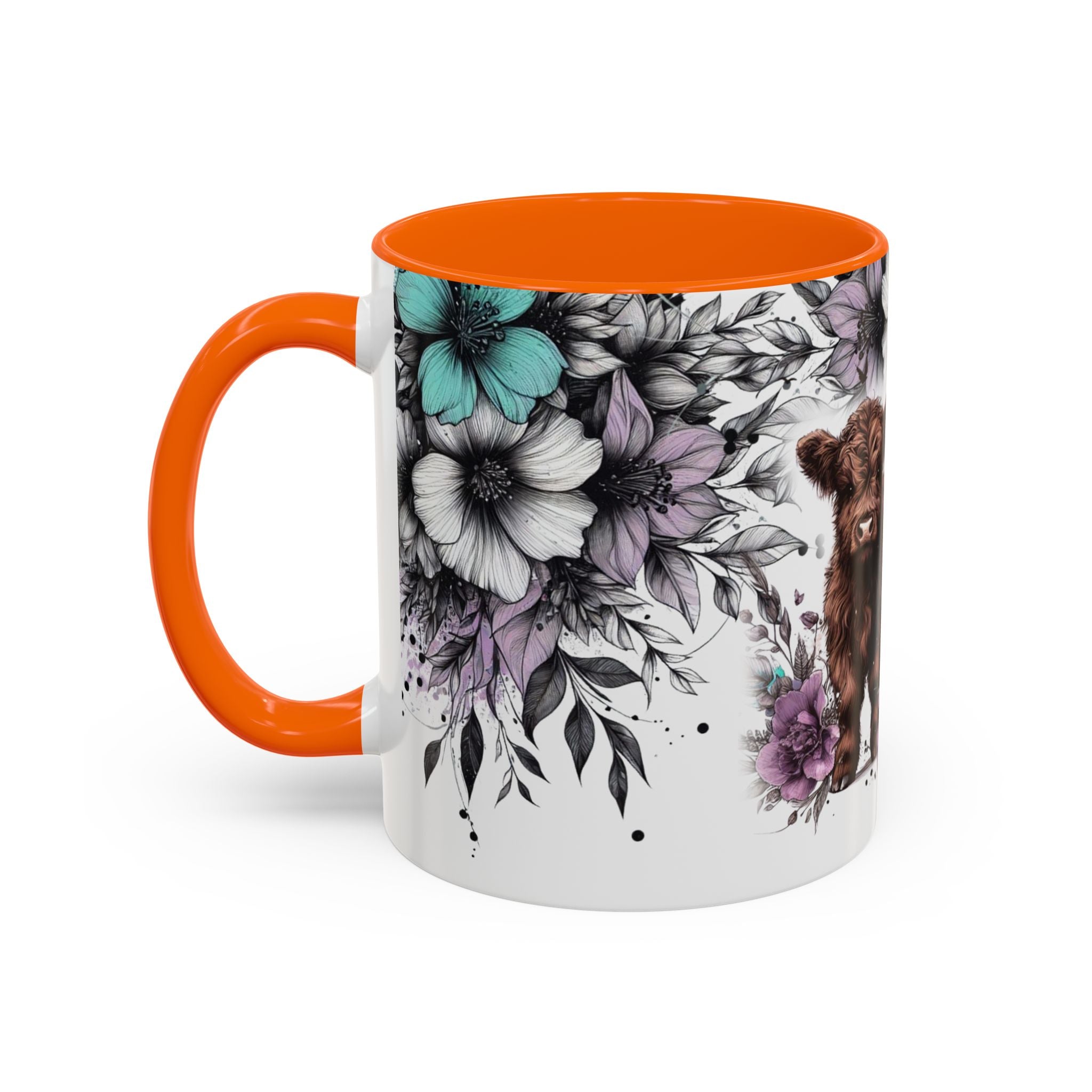 Highland Cow Floral Accent Coffee Mug — Cute Rustic Farmhouse Kitchen Gift