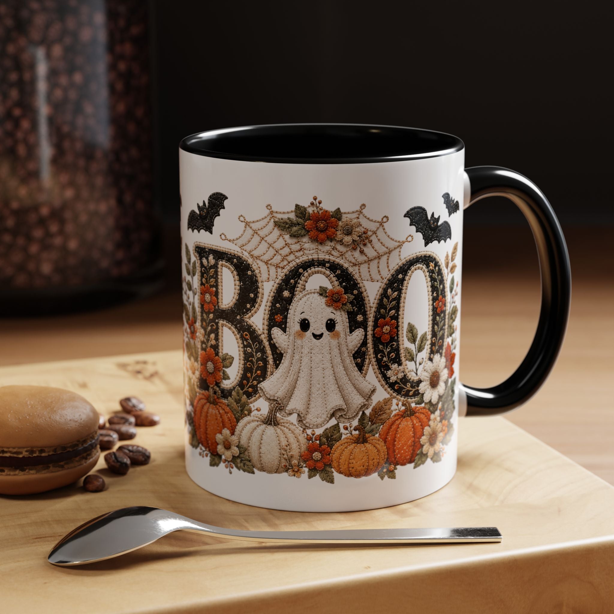 Cute Boo Coffee Mug — Cute Ghost, Pumpkins & Autumn Floral Accent Mug (11oz)