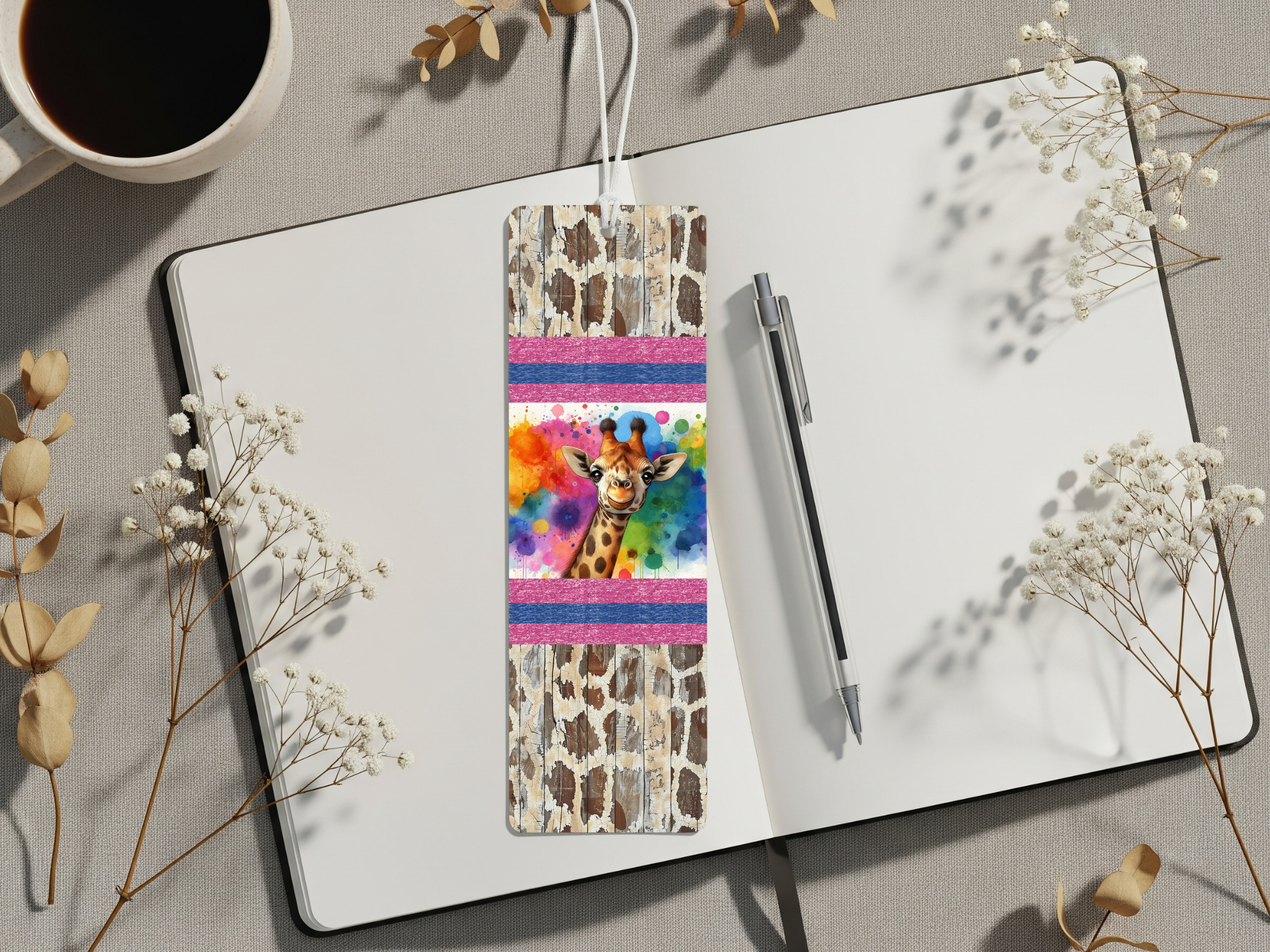 Giraffe metal bookmarks design with vibrant colors and playful giraffe artwork on a stylish notepad.